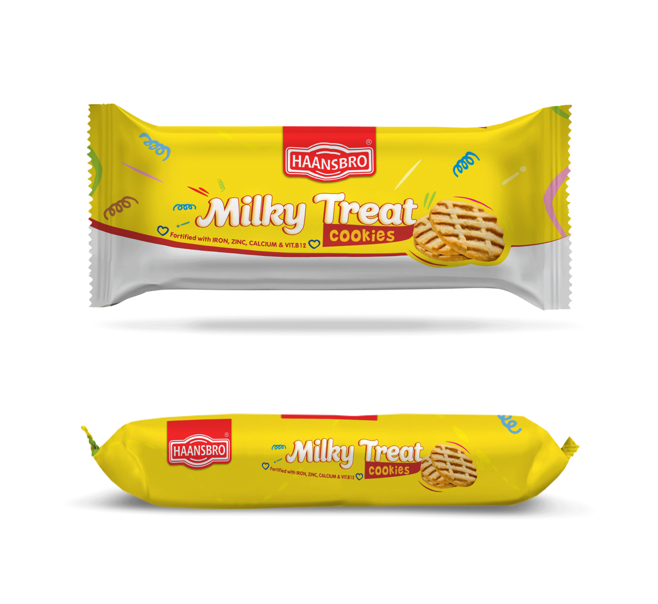 A package of Haansbro Milky Treat cookies with yellow packaging, a red logo, and an image of three cookies.