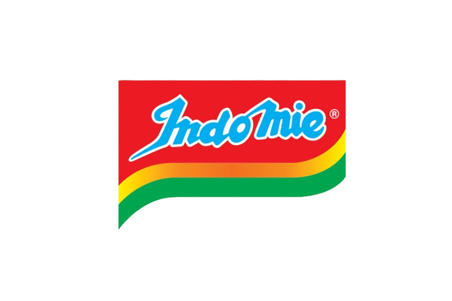 Close-up of a colorful logo with the text 'Indo Mie' in blue on a red background with yellow and green curved lines underneath.