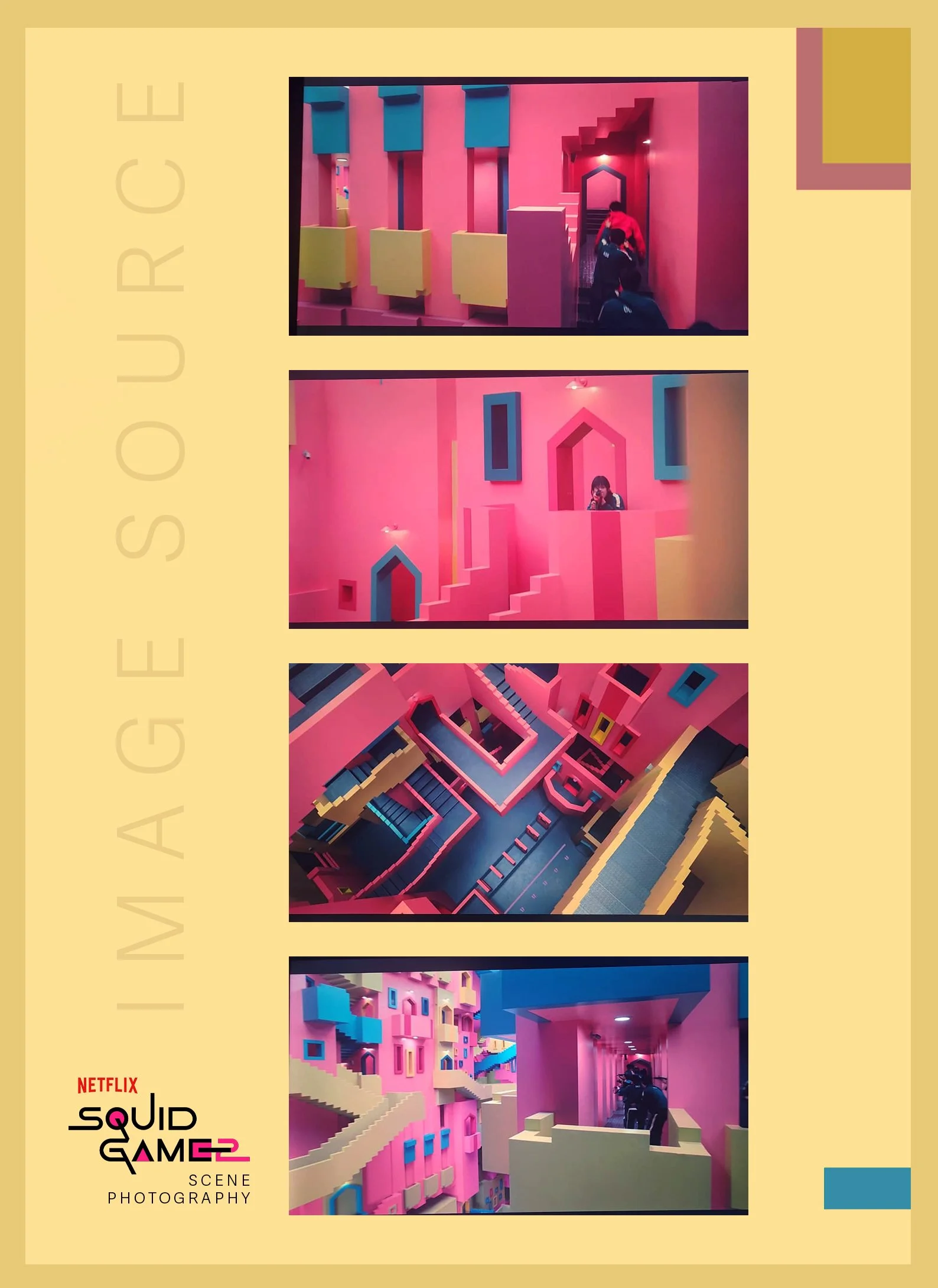 Colorful interior scene inspired by the game Squid Game, featuring pink walls, geometric shapes, and staircases, with people exploring the space.