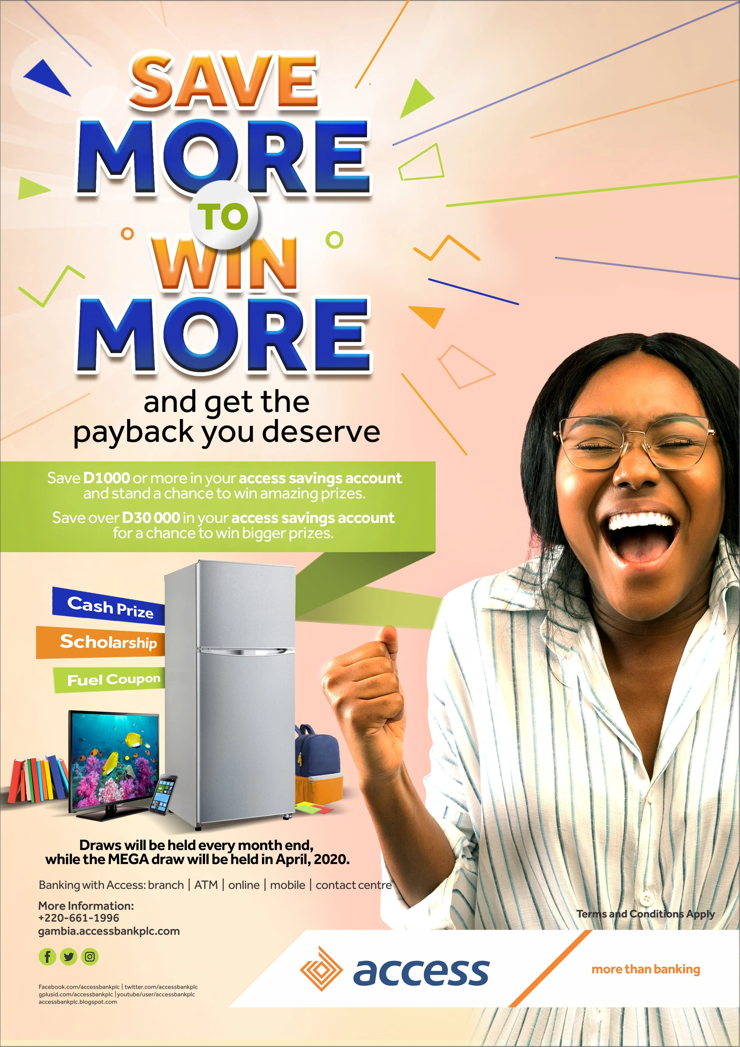 Bright promotional poster for Access bank with a smiling woman wearing glasses, colorful geometric shapes, a refrigerator, a flat-screen TV, books, and a mobile phone. Includes text about saving, winning prizes, and bank contact information.