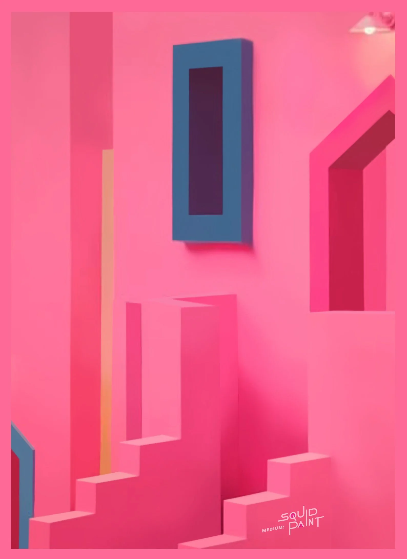 Pink background with abstract geometric shapes in various shades of pink, blue, and yellow. The text 'Squid Paint Medium:' appears near the bottom right corner. Campaign for Squid Game.