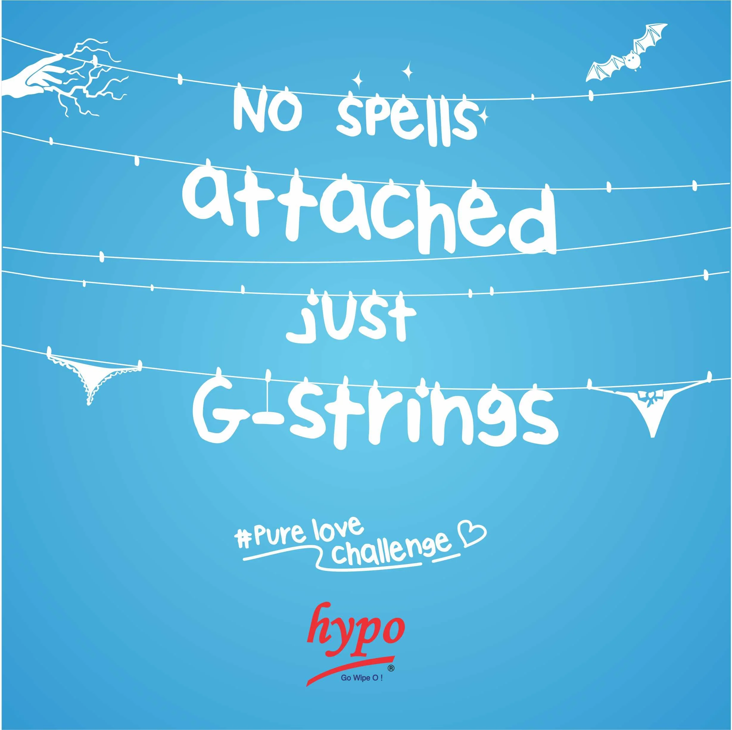 Design with white text on a blue background, featuring hanging laundry lines with some hanging clothes, a bat with wings, a fluffy heart, and text promoting an Instagram challenge with hashtags and a call to action. The main message says: 'NO Spills attached just hype' and a phrase at the bottom states '#PureLoveChallenge'.