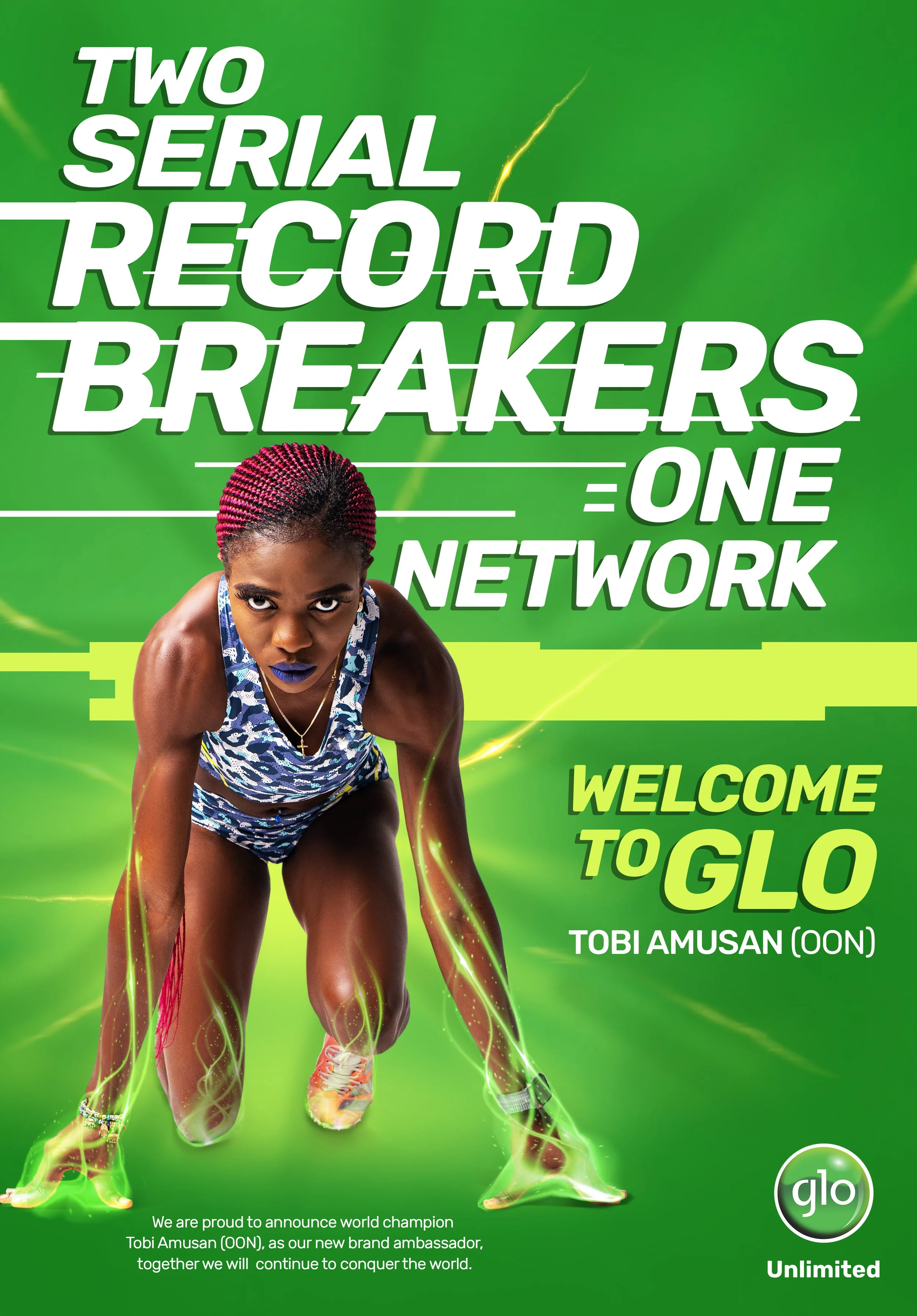Green promotional poster featuring a sprinter in a crouched starting position, with pink braids and wearing a blue camouflage athletic outfit, announcing Tobi Amusan as the new brand ambassador for Glo, a telecommunications company.
