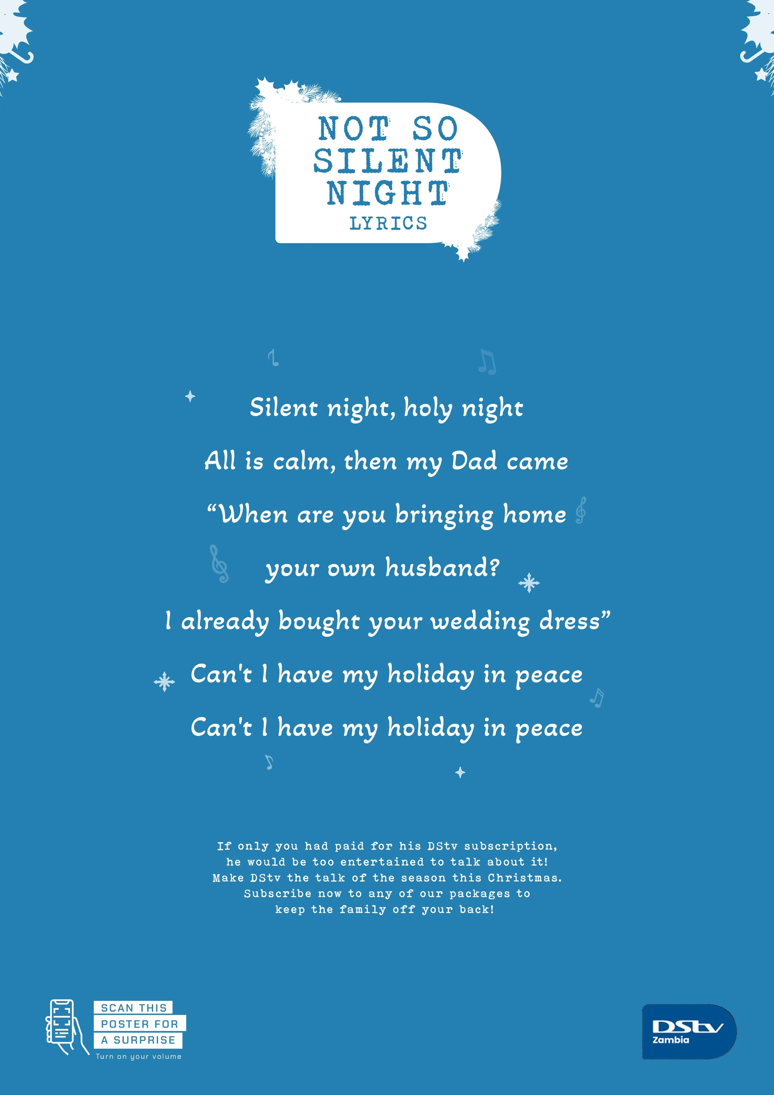 Holiday-themed digital flyer with blue background, white snowflakes, music notes, and a song lyrics section. Features a DStv Zambia logo, a small icon of a speaker, and a message about subscribing to DStv for Christmas entertainment.