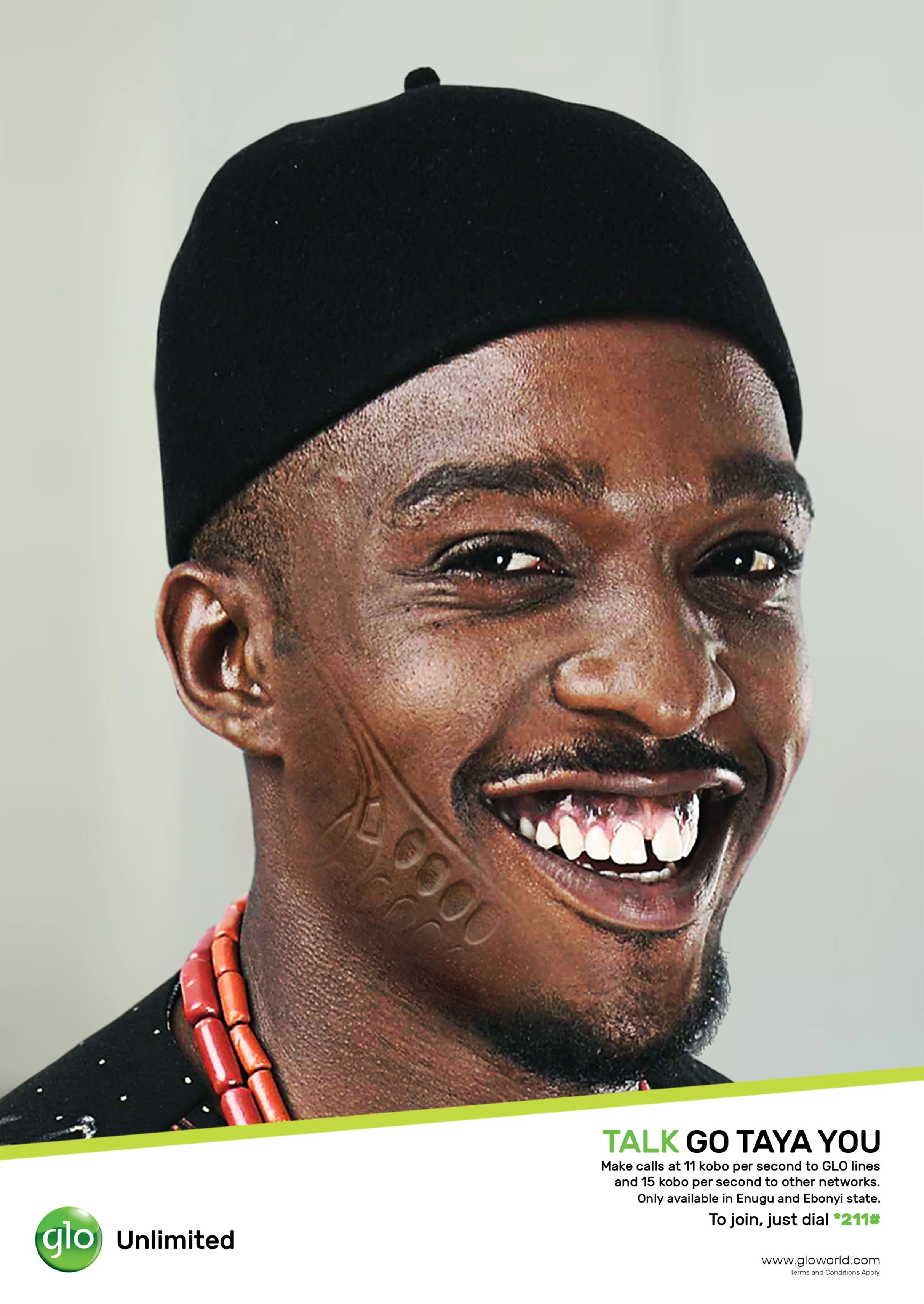 Close-up of a smiling person wearing a black head covering and beaded necklace, with promotional text for Glo Unlimited mobile plan at the bottom.