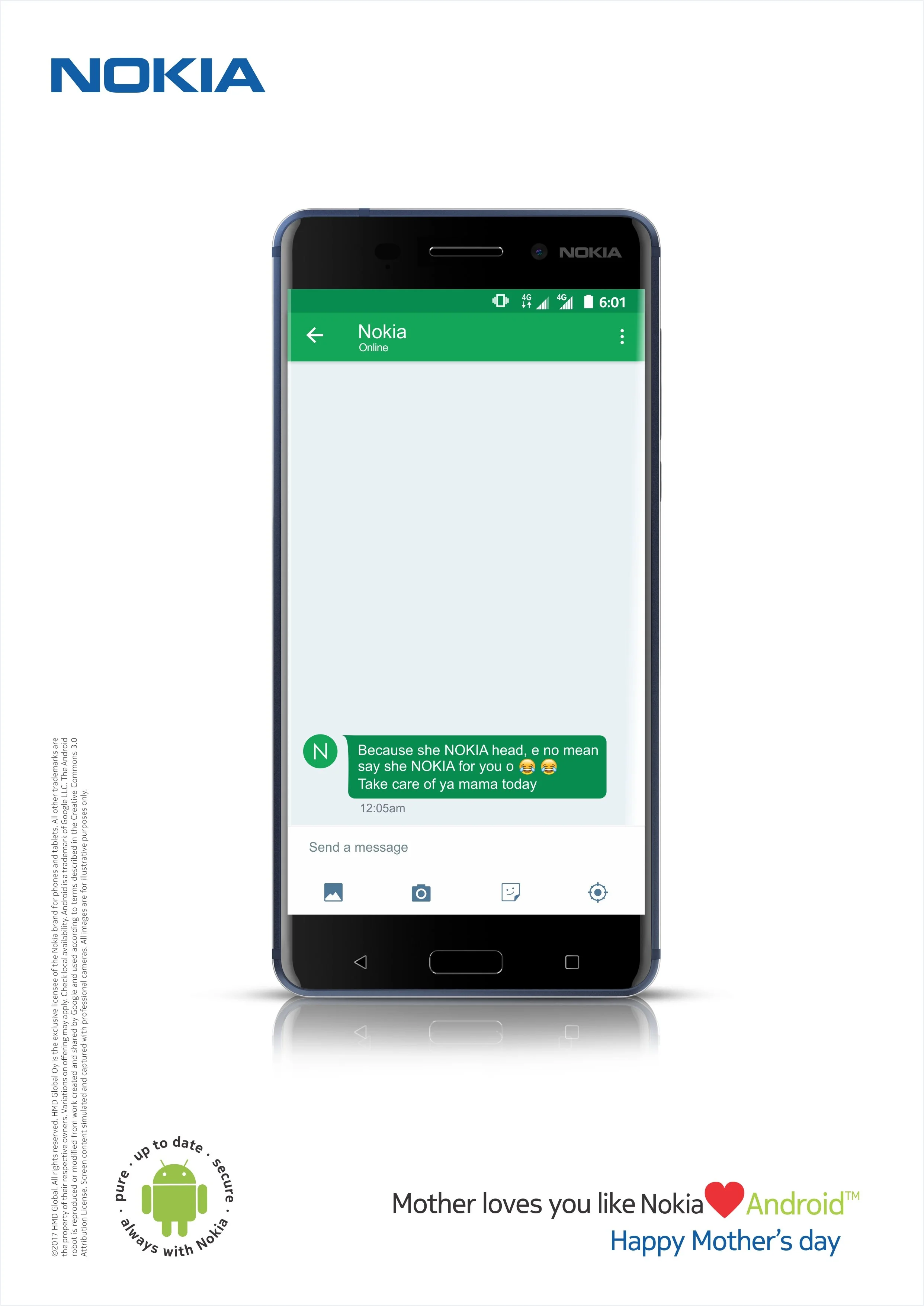 A promotional image of a Nokia smartphone displaying a chat message, with the Nokia logo at the top left, and a message at the bottom that reads: "Mother loves you like Nokia ❤️ Android™ Happy Mother’s Day." The image features the Android logo and th