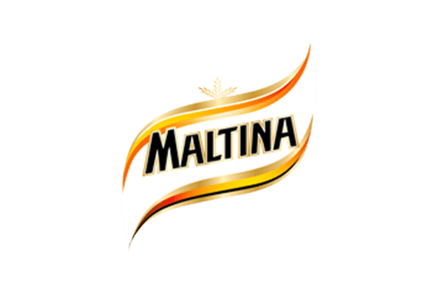 Close-up of Maltina logo, a malt beverage brand, on a black background.