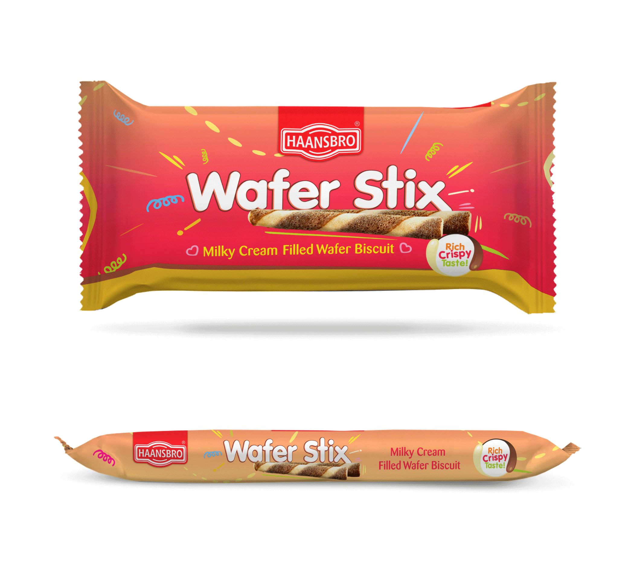Packaged Haansbro Water Stix Milky Cream Filled Wafer Biscuit with colorful confetti design.