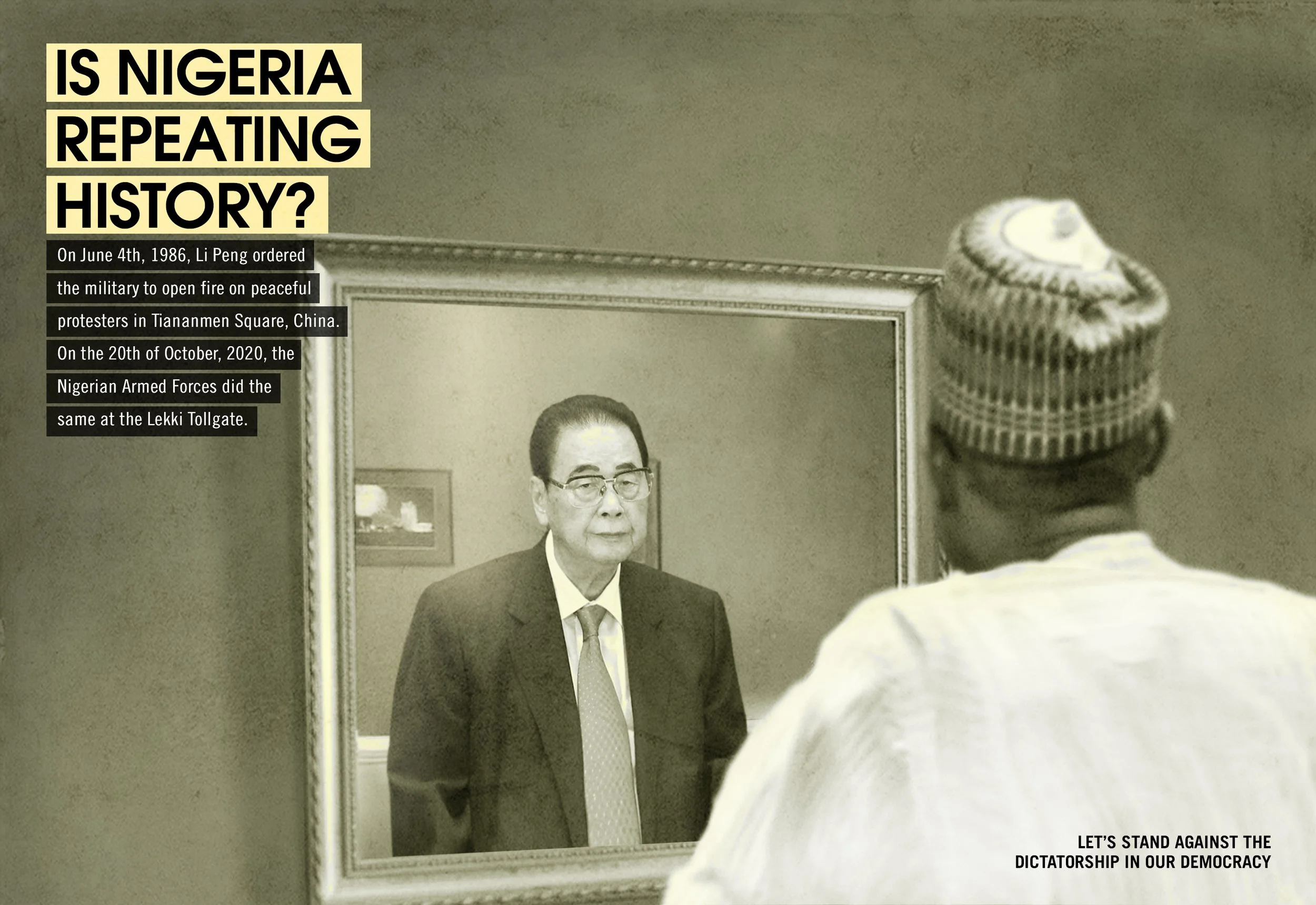 A mirror reflecting a man in a suit looking at a person in military uniform. Text overlay asks if Nigeria is repeating history and mentions military opening fire on protesters in China in 1986 and similar actions by Nigerian Armed Forces in 2020. A s