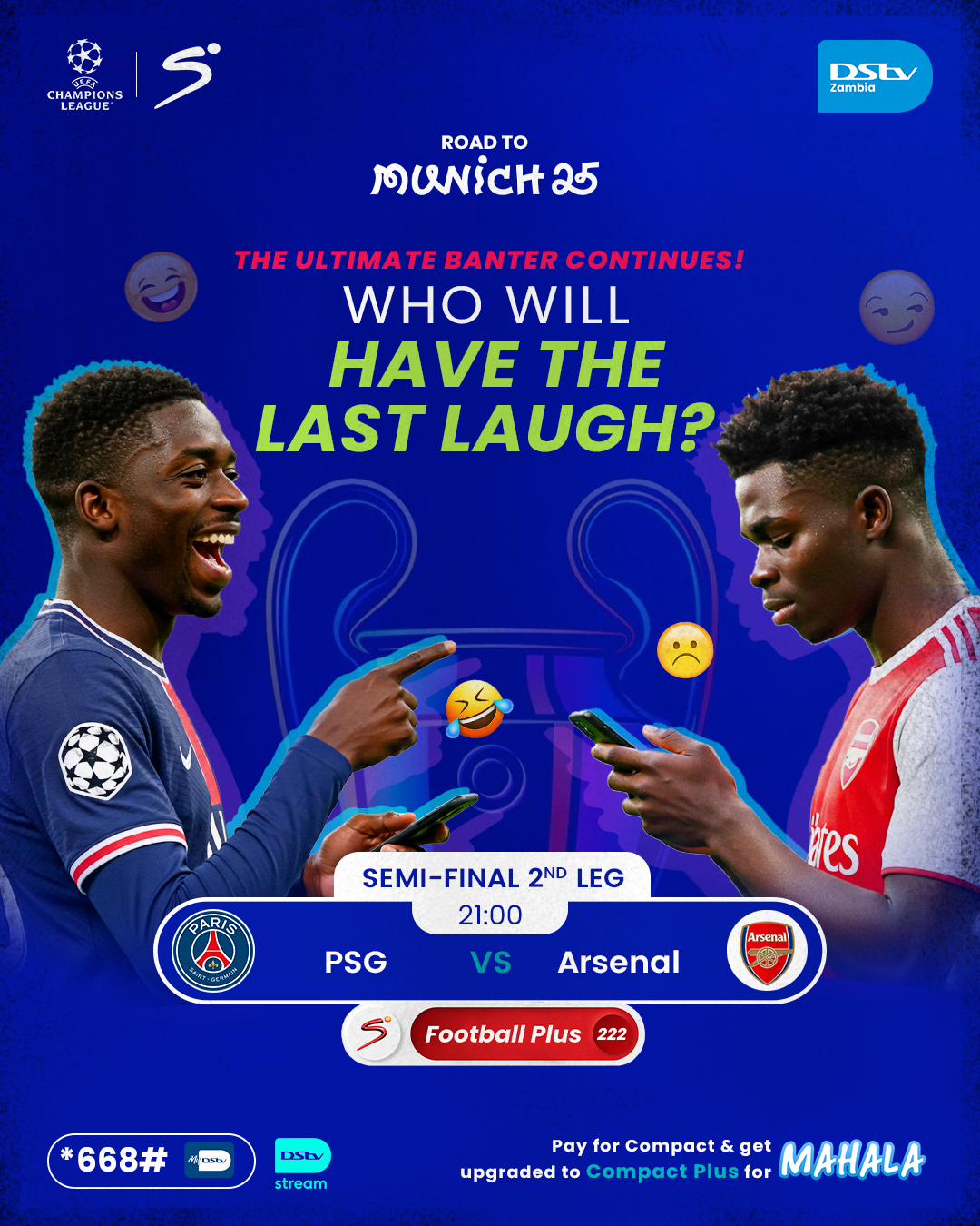 A promotional graphic for a football match between PSG and Arsenal, showing two players using phones and emojis, with text about the match and a humorous quiz about who will have the last laugh.