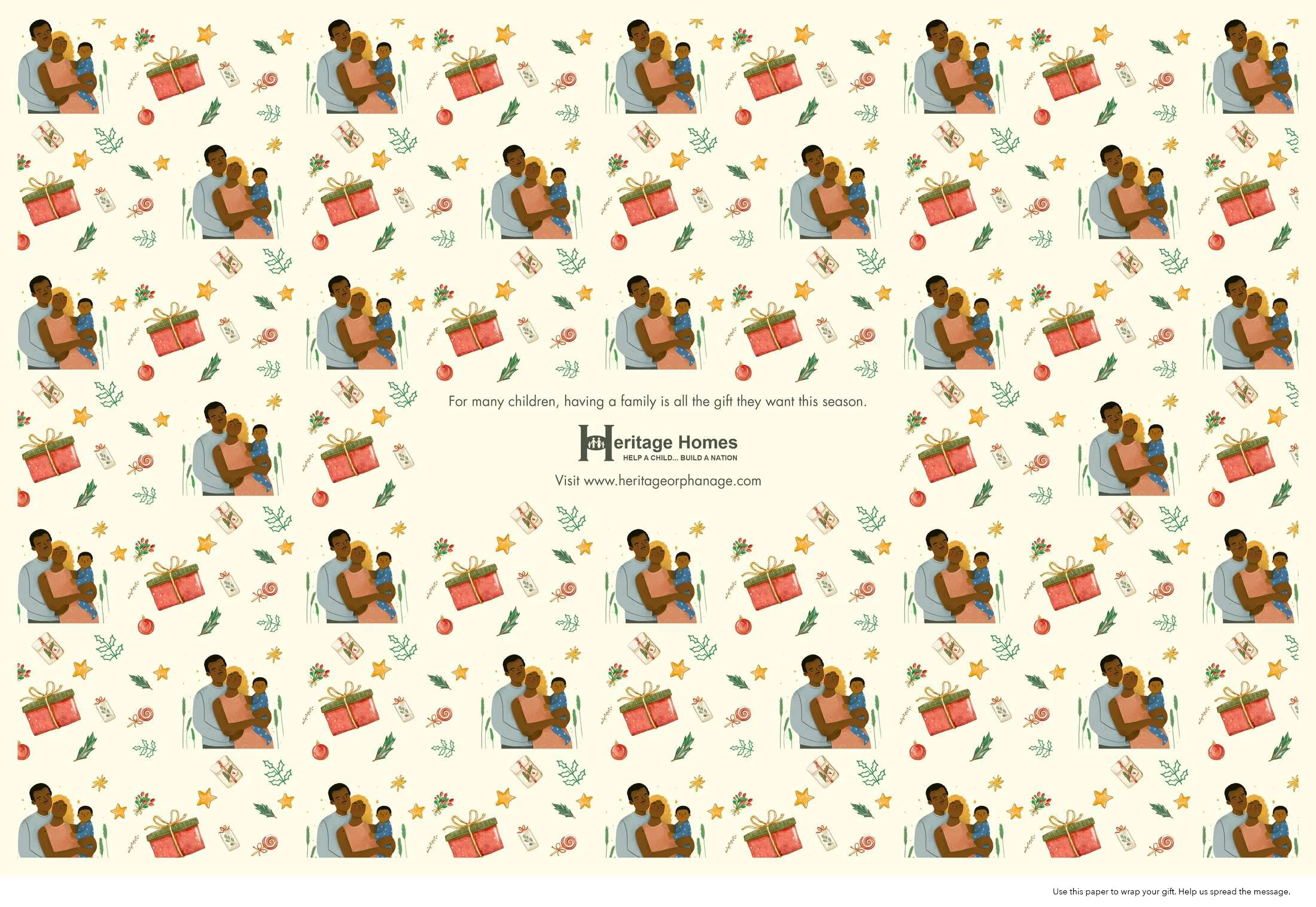 A repeating pattern of a family with mother, father, and two children holding a Christmas gift, along with Christmas-themed decorations like holly, stars, presents, ornaments, and candy canes. There is also a message about family and a logo for Heritage Homes.