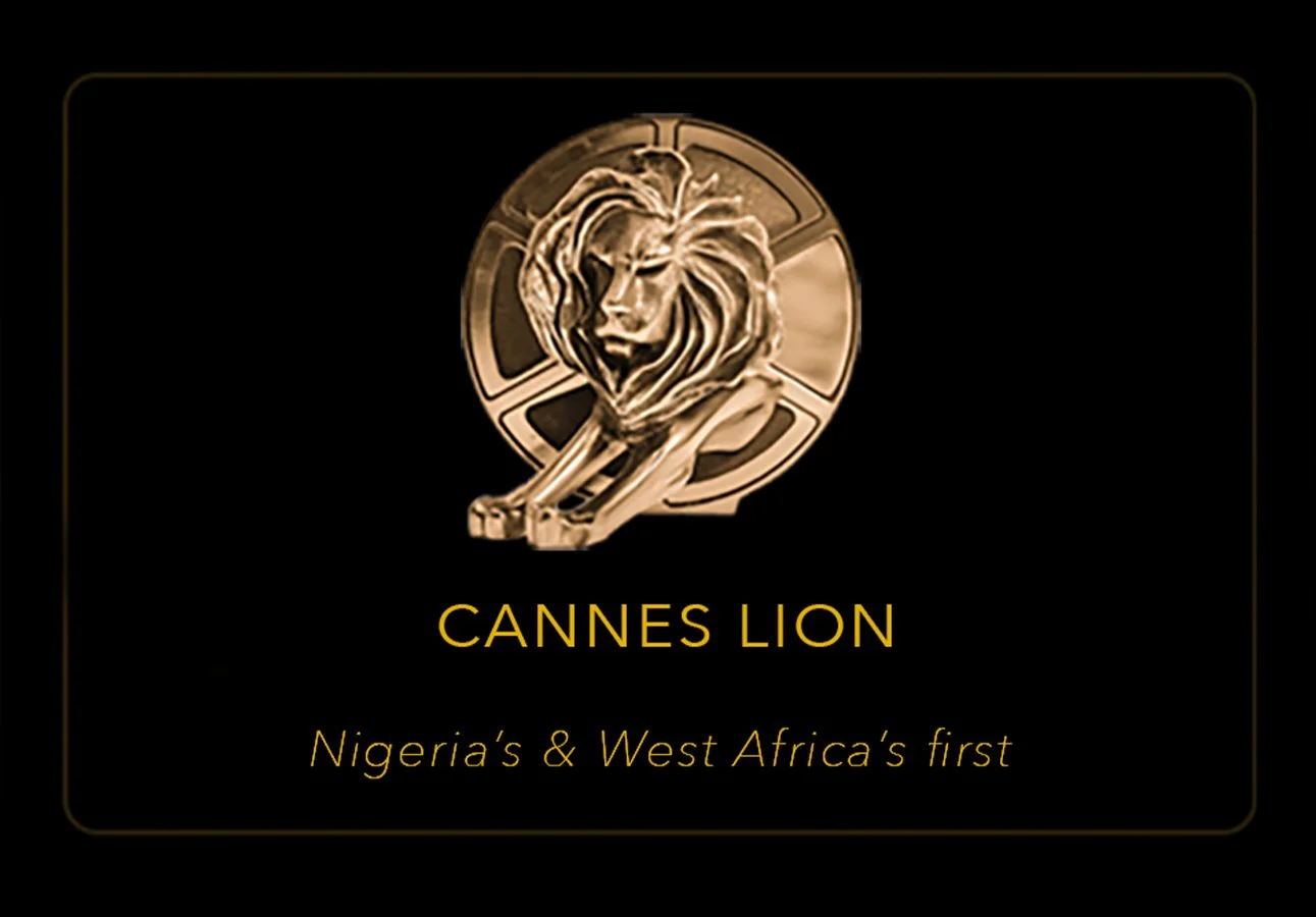 Cannes Lion logo featuring a golden lion head and the text 'Cannes Lion Nigeria's & West Africa's first' on a black background.