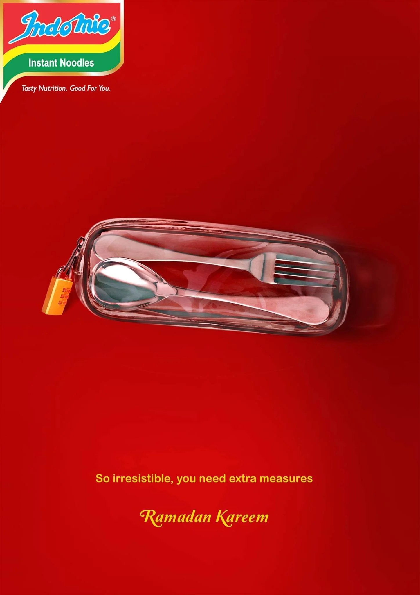 A red background featuring a box of Indomie instant noodles in the upper left corner with a spoon in a clear container. The text reads, 'So irresistible, you need extra measures. Ramadan Kareem.'