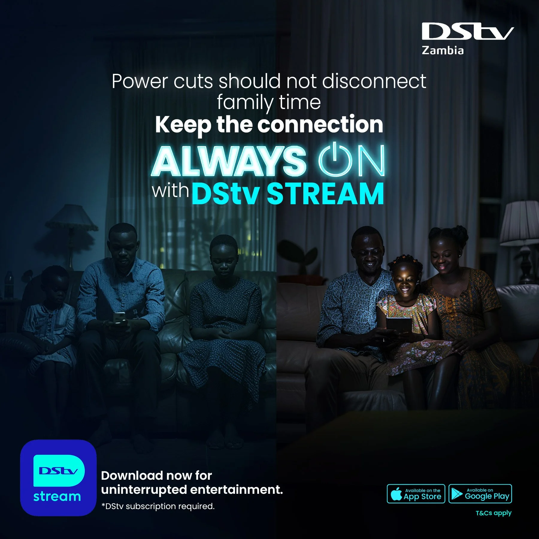 Promotional graphic for DStv streaming service in Zambia, showing a family of six sitting on a couch, all looking at tablets and smartphones. The text emphasizes keeping family connected and watching DStv Stream with a message about uninterrupted entertainment and downloading the app from the App Store or Google Play.