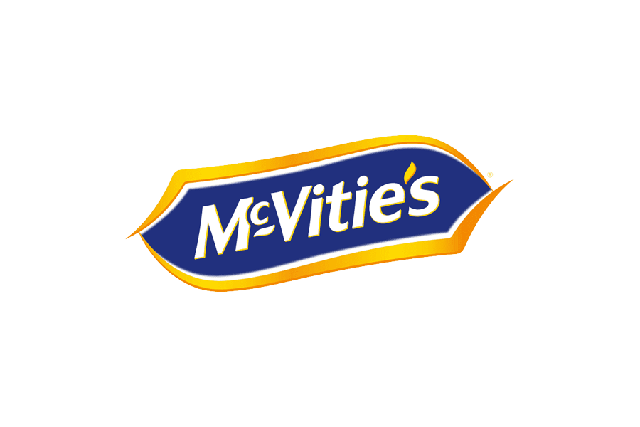 McVitie's logo with blue background, white text, and yellow-orange border.