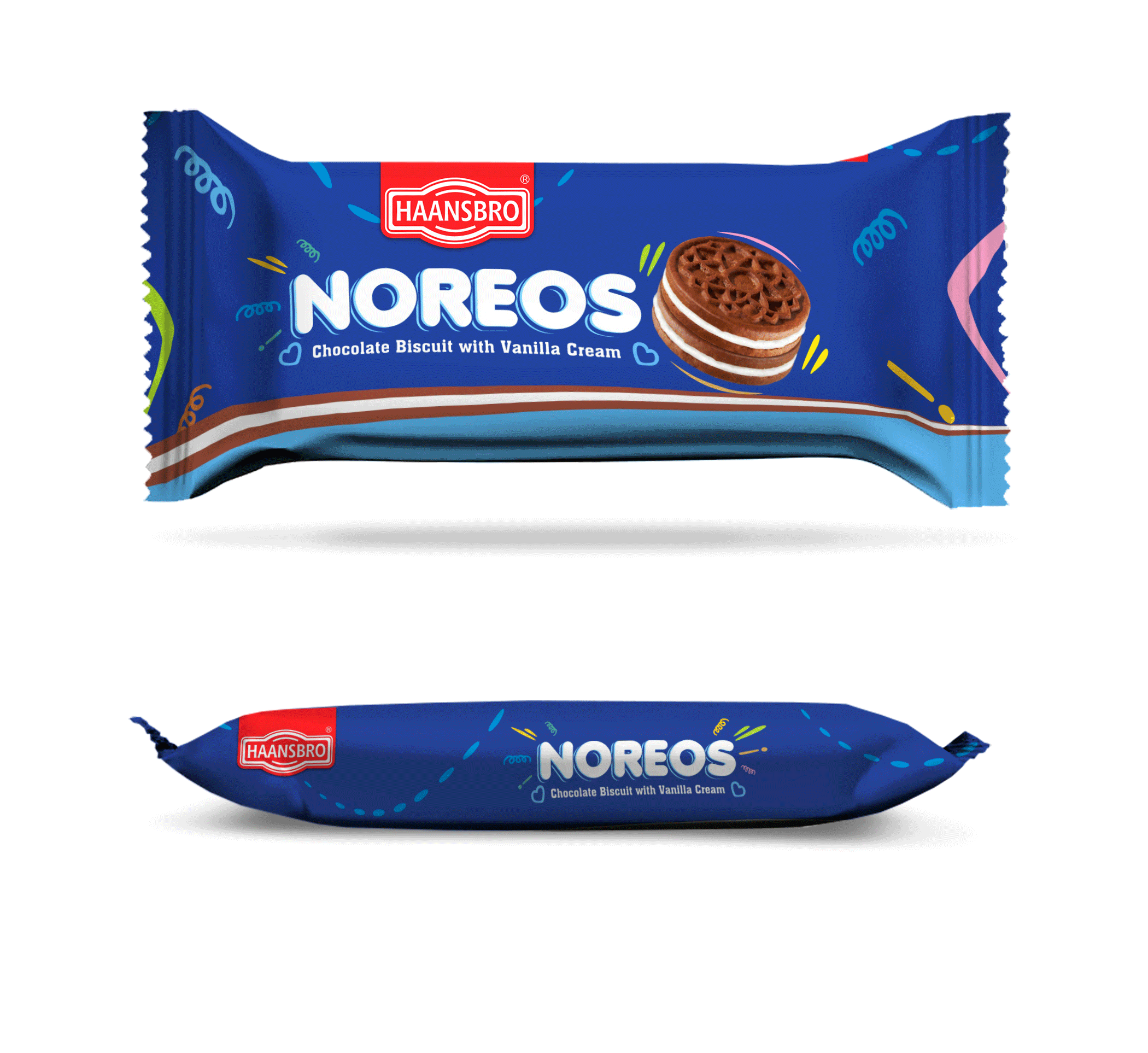 Blue wrapper of Haansbro Noreos chocolate biscuits with vanilla cream, featuring a picture of three chocolate biscuits with white cream layers and a textured chocolate top.