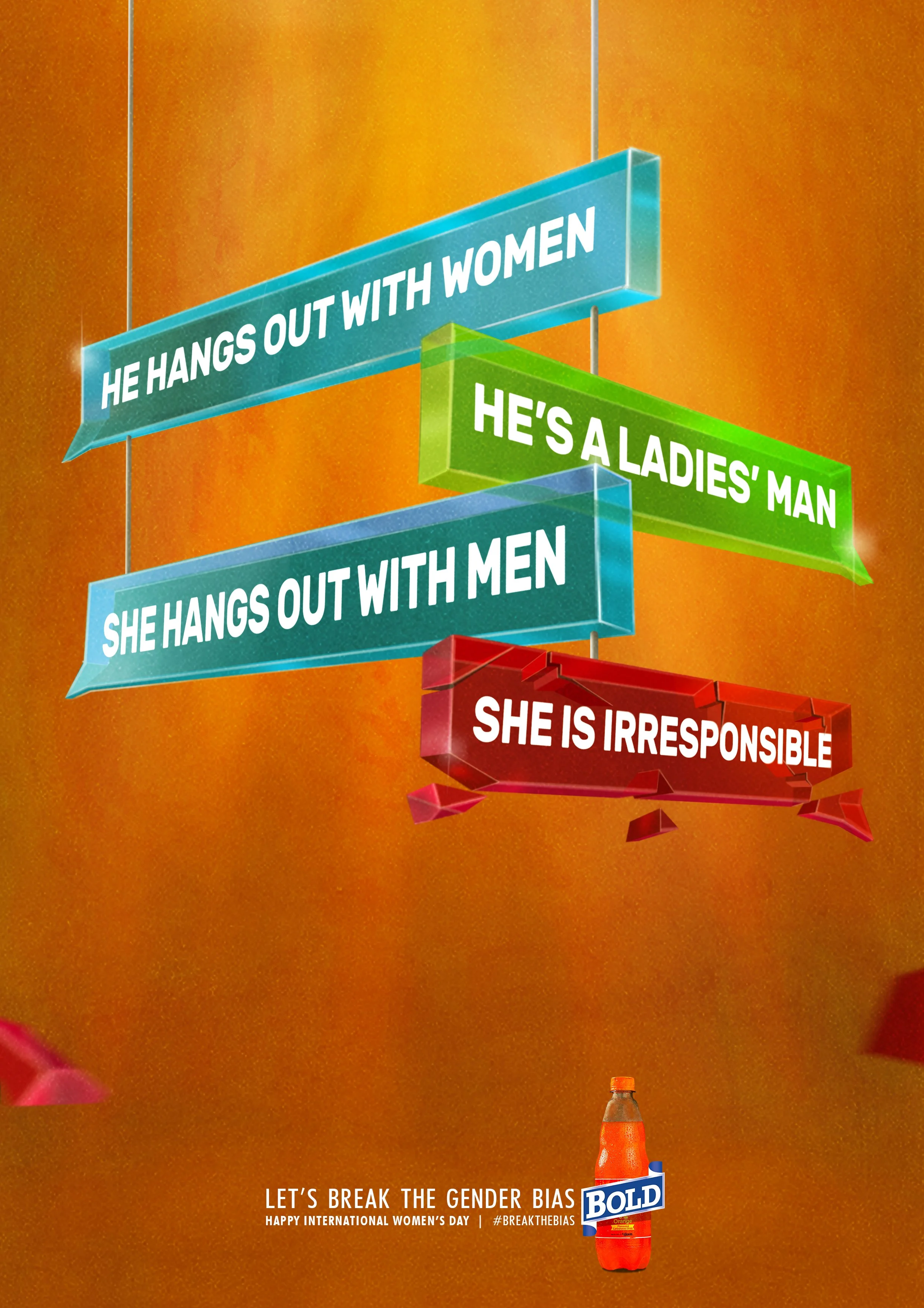 Signpost with multilingual messages, including 'He hangs out with women', 'She's hanging out with men', and 'He’s a ladies’ man'; with a bottle of orange soda and a message about breaking gender bias for International Women's Day.