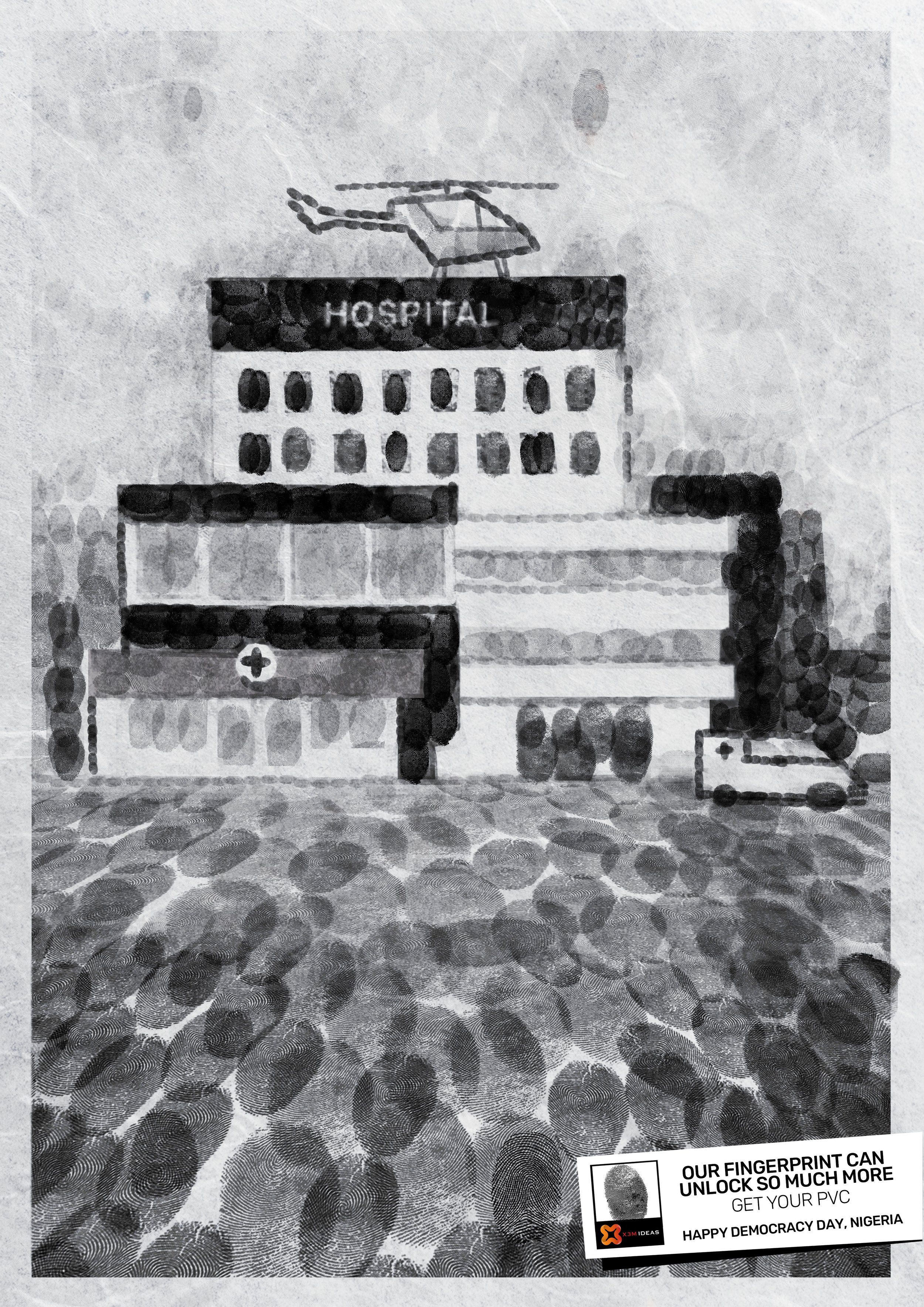 A grayscale photo of a hospital building with multiple floors, a helicopter on top, and a cross symbol on the entrance. The floor has a pattern of large circular designs, and a sticker in the bottom right corner mentions fingerprint unlocking, PVC, and democracy day in Nigeria.