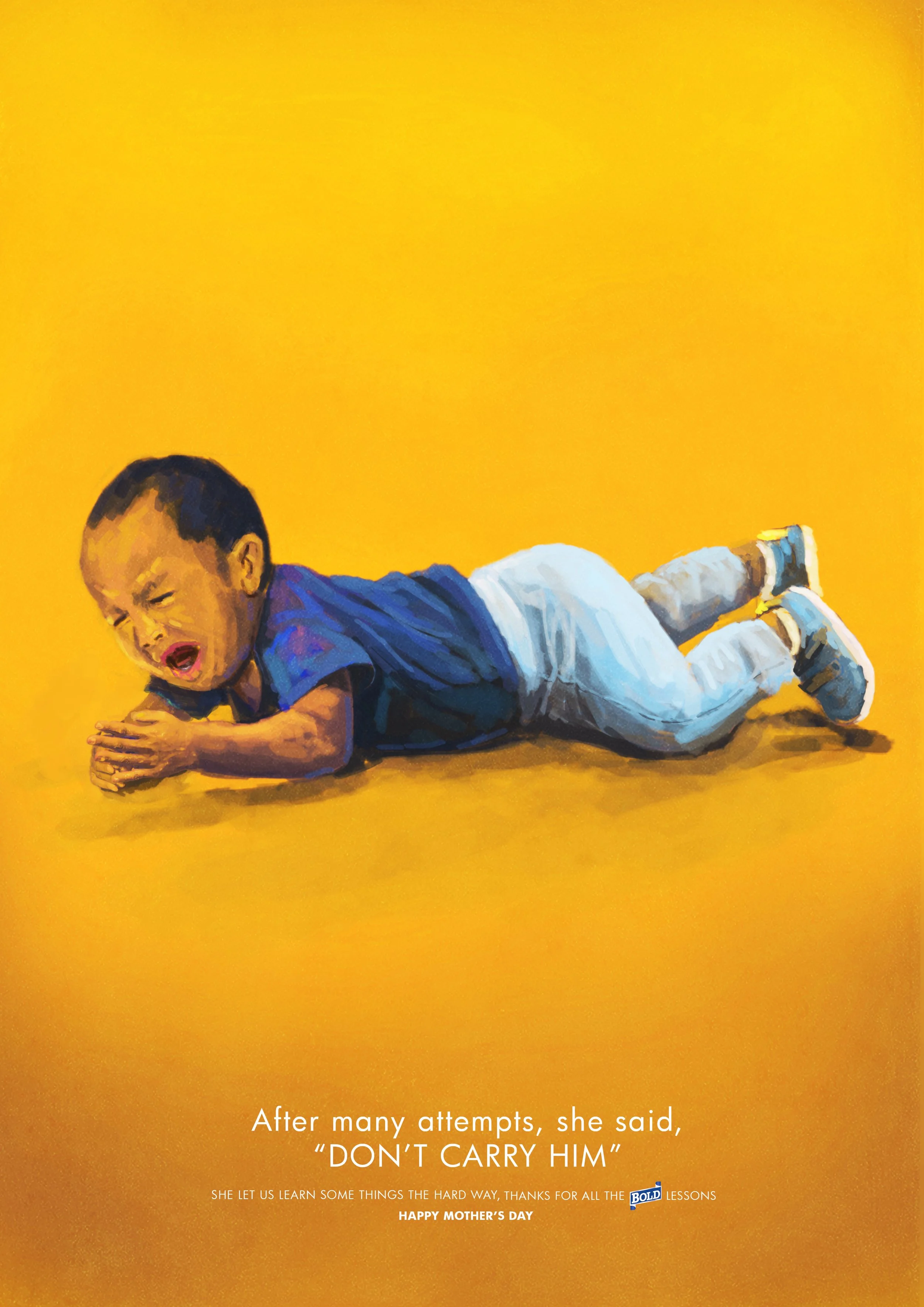 A young boy in a blue shirt and white pants lying on a yellow floor, crying. Text at the bottom reads, 'After many attempts, she said, 'DON'T CARRY HIM'.