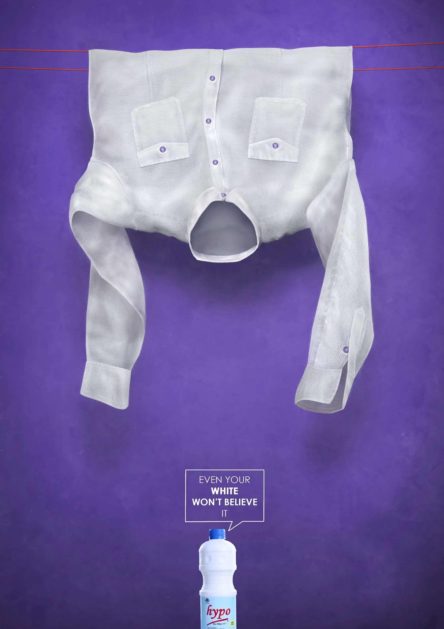 A disposable diaper hanging on a clothesline against a purple background with a water bottle below it. The diaper has a speech bubble saying, 'Even your white won't believe it.'