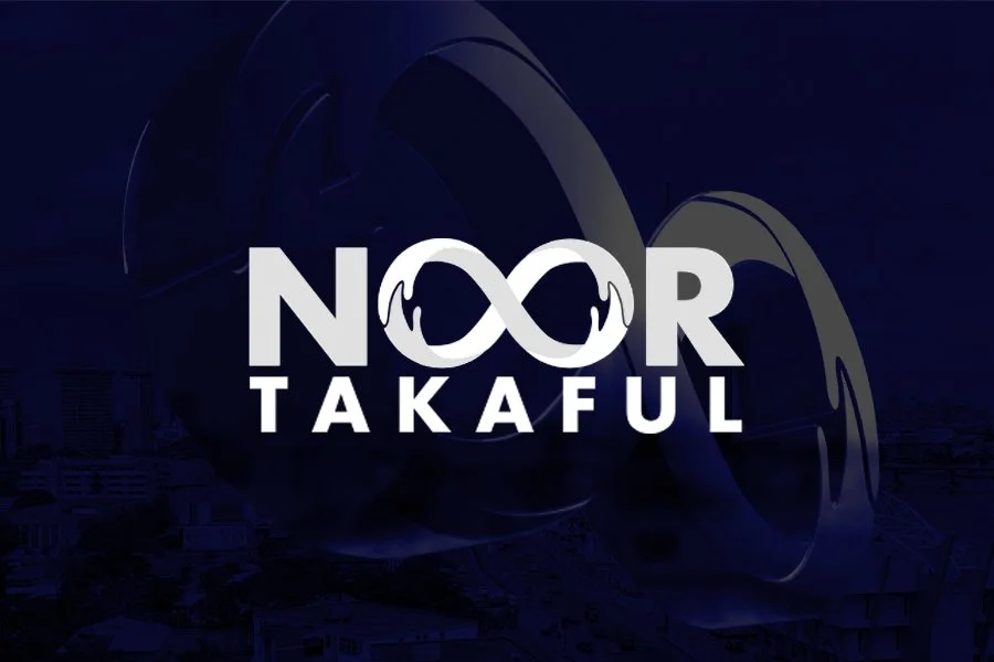 Logo with the name 'NOOR TAKAful' in bold white letters, featuring an infinity symbol integrated into the design, set against a dark background.