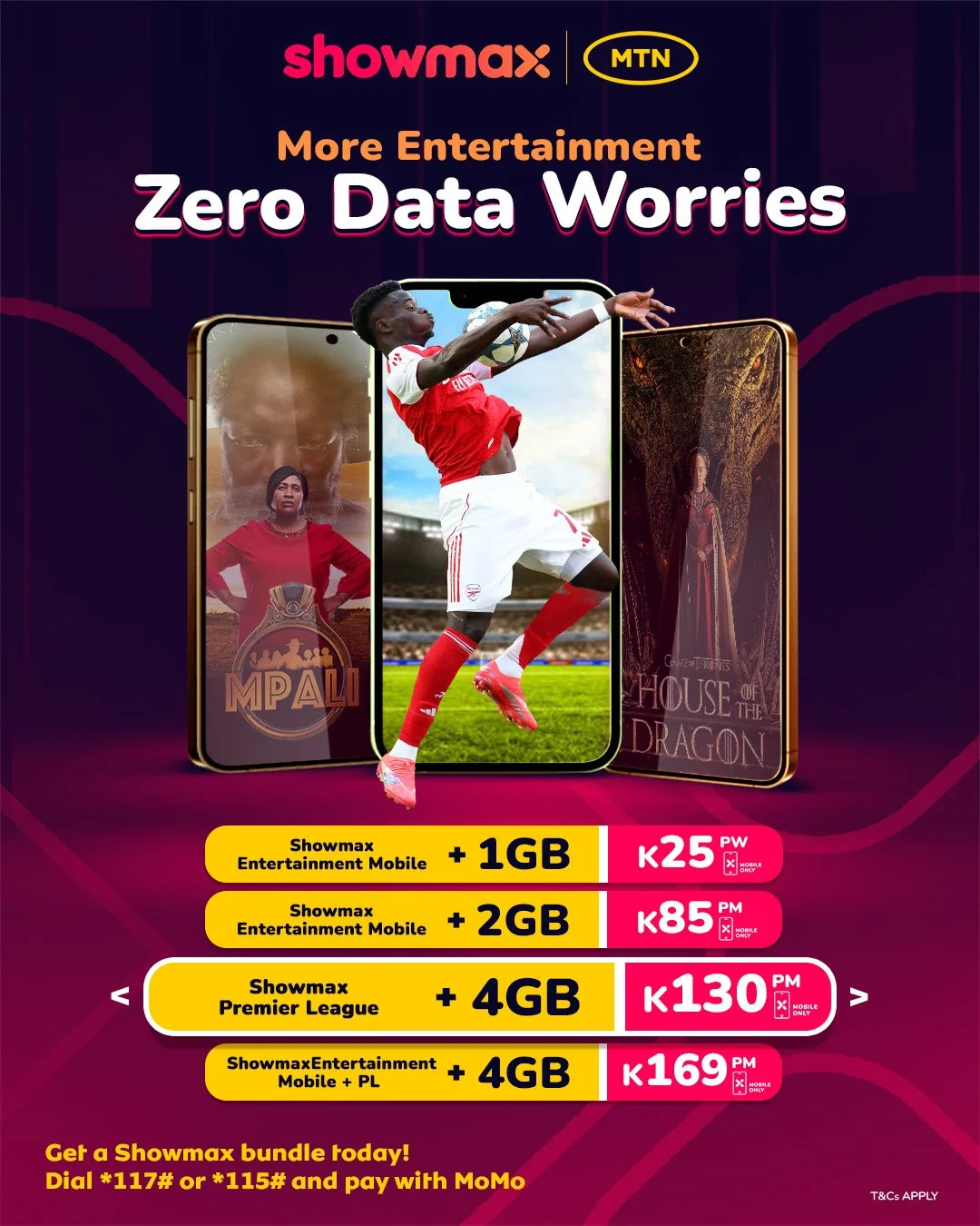 Advertisement for Showmax and MTN promoting mobile entertainment bundles with data options. Features an athlete in a red and white uniform from Arsenal football club jumping and reaching for a soccer ball, and a woman in a red dress with hands on her