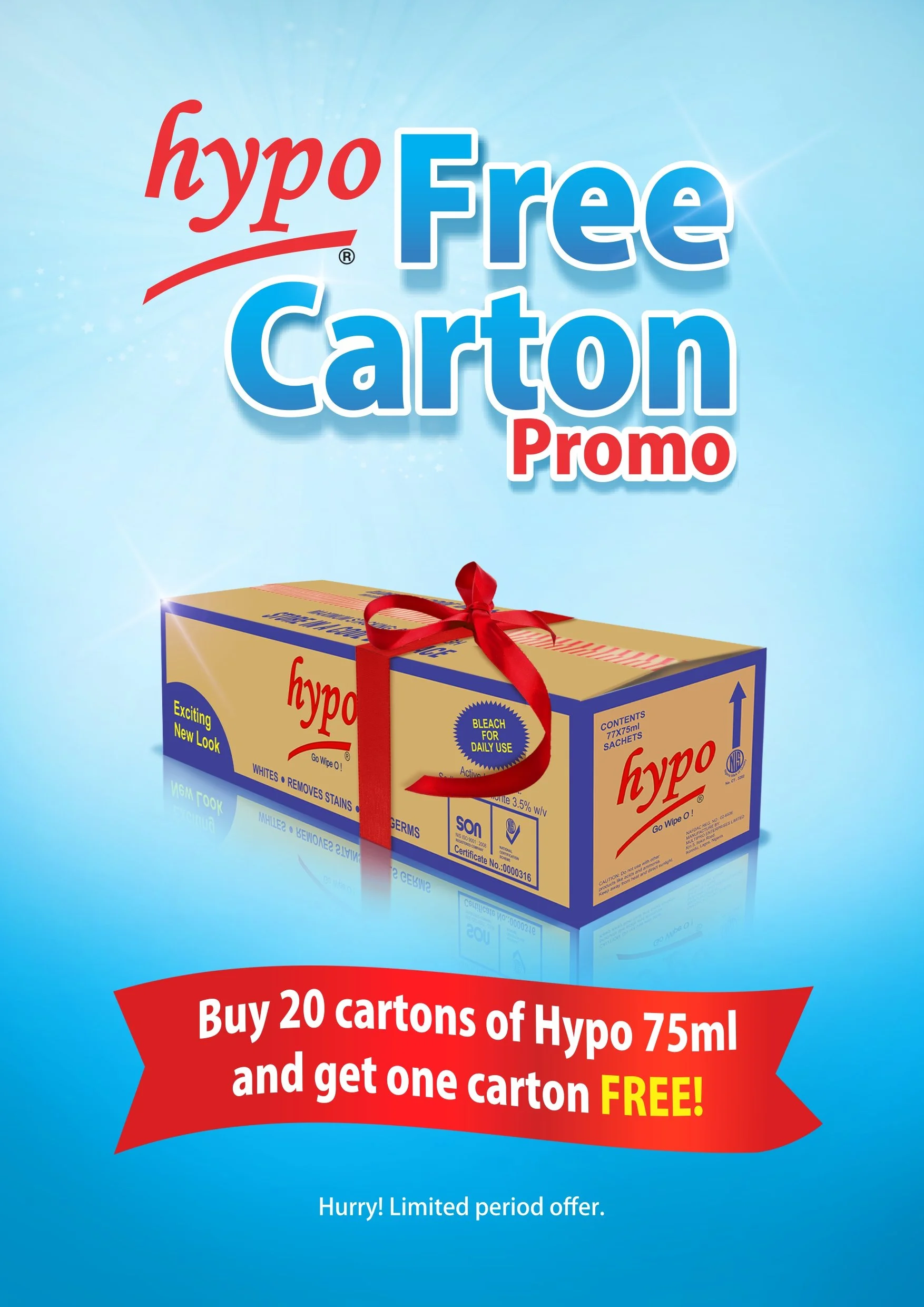 Advertisement for hypo toilet cleaning cartons. The ad offers a deal to buy 20 cartons of hypo 75ml and receive one carton free. A box of hypo cleaning product with a red ribbon is featured in the image.