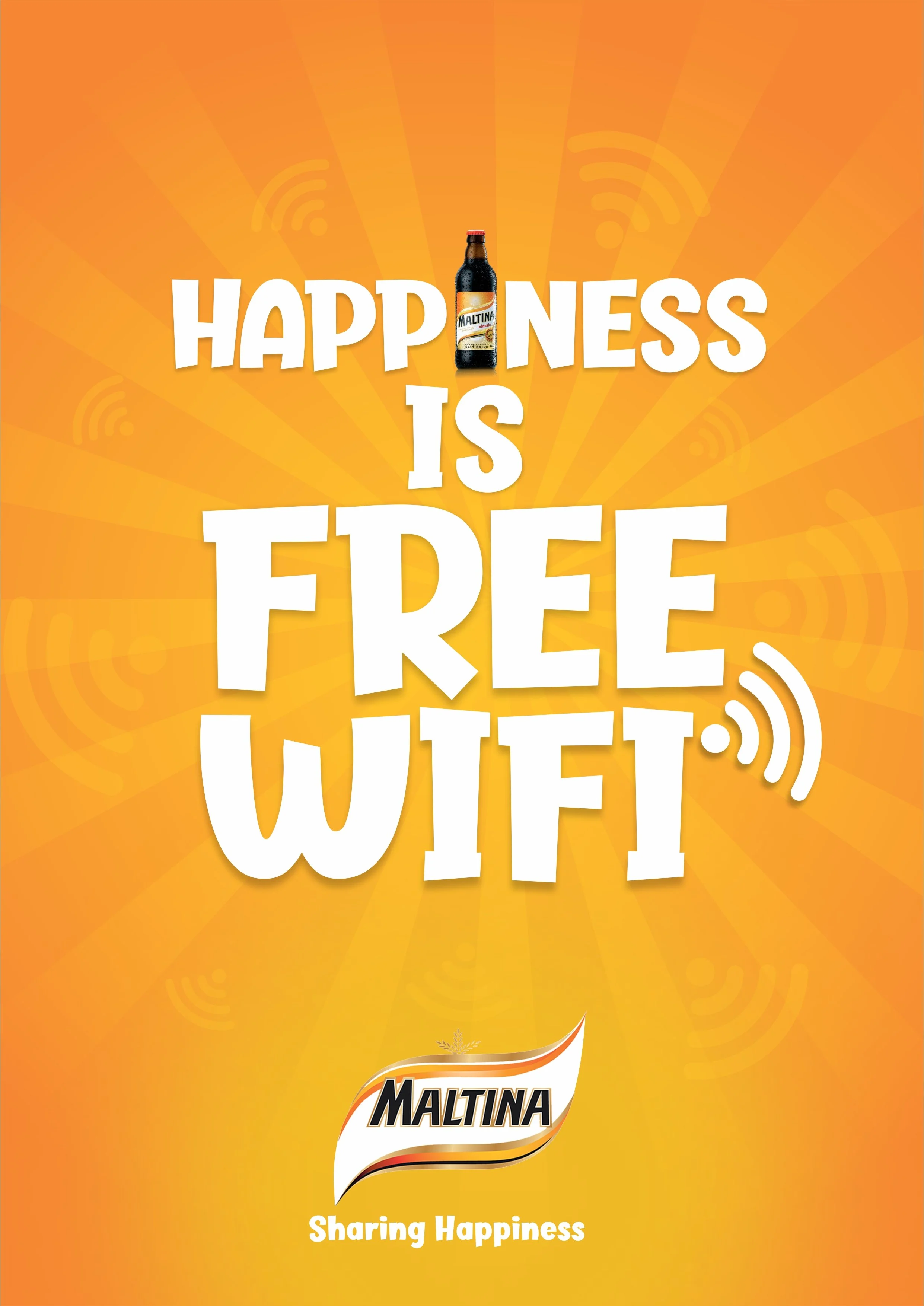 A vibrant orange background with rays and Wi-Fi symbols. A bottle of Maltina beer in the center with the words 'Happiness Is Free' above. The Maltina logo at the bottom with the slogan 'Sharing Happiness'.