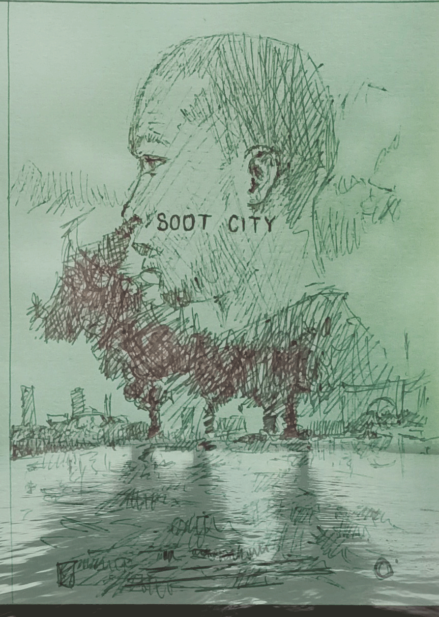 A sketch of a person's profile with short hair and beard, with the words 'Soot City' written across the face. In the background, a city skyline and trees reflect on a body of water.