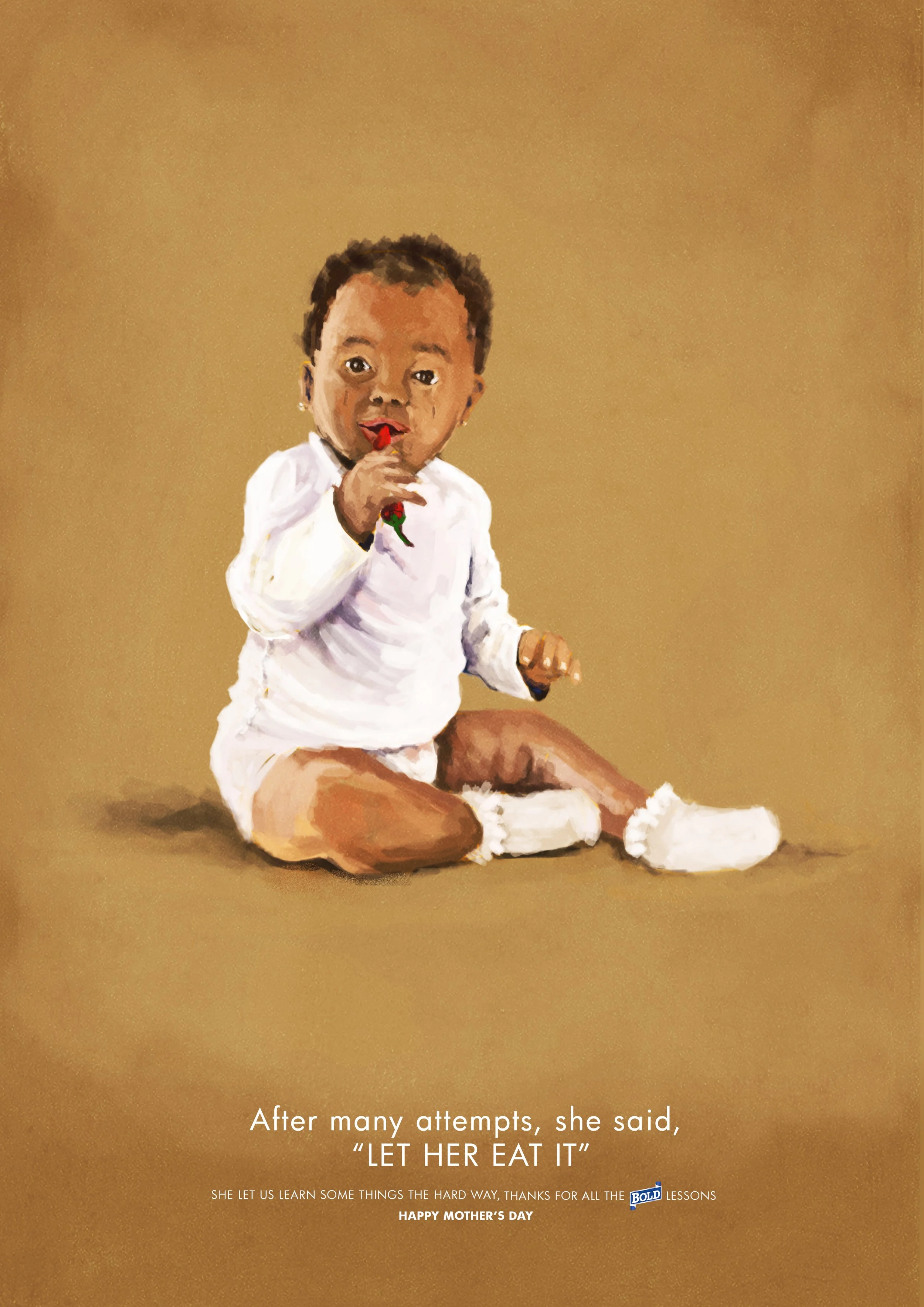 A young girl with dark curly hair, dressed in white, sitting on the floor and holding a flower in her hand, with a neutral background.
