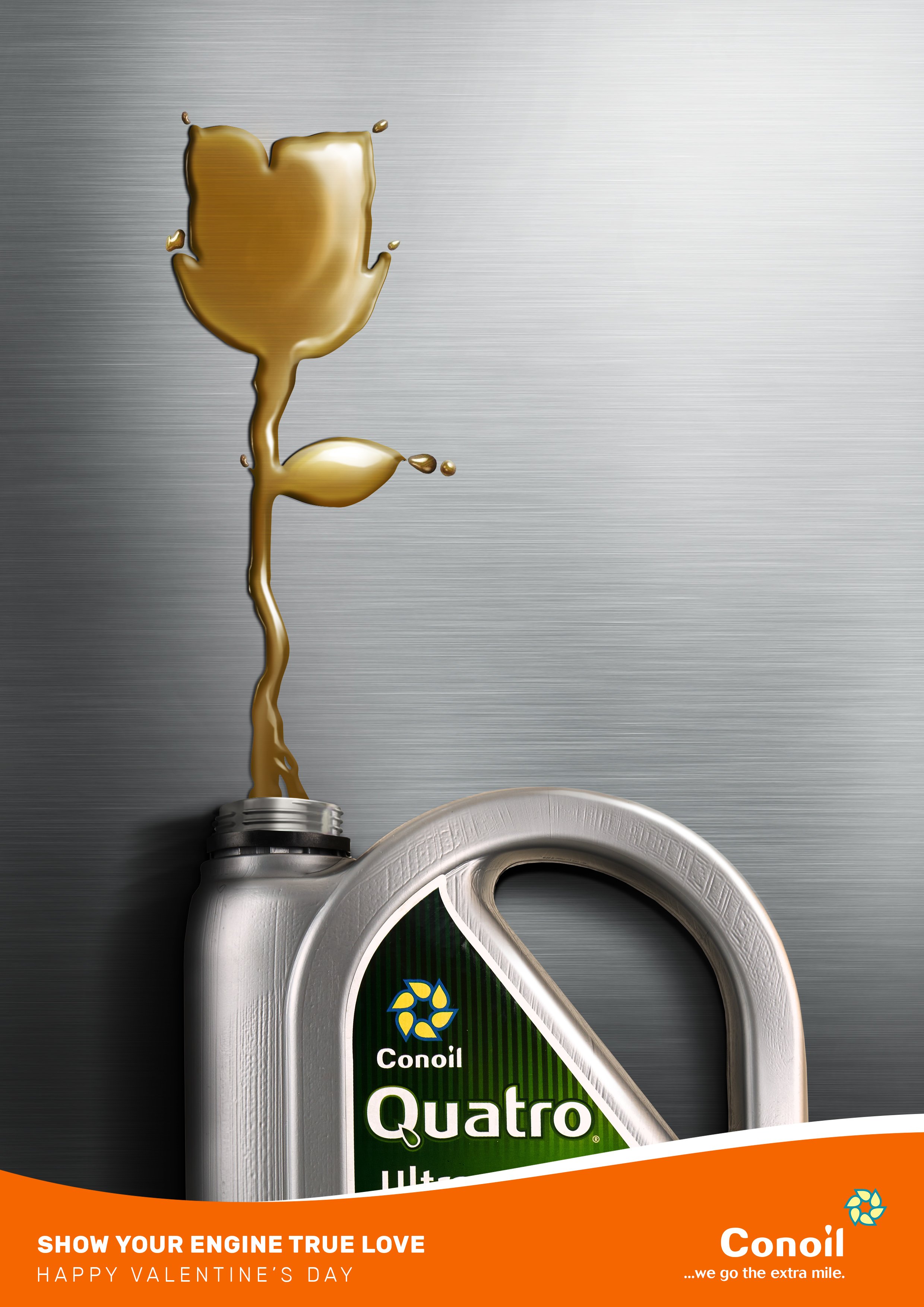 A metallic can of Conoil Quatro motor oil with golden liquid pouring out, positioned on a brushed metal surface. The label is visible, and an orange banner at the bottom reads: "Show Your Engine True Love, Happy Valentine's Day." The Conoil logo appe