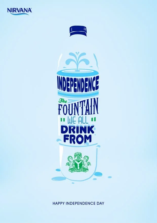A Nirvana water bottle with a design that says "Independence" and "We All Drink From" along with a crest and the message "Happy Independence Day" at the bottom.