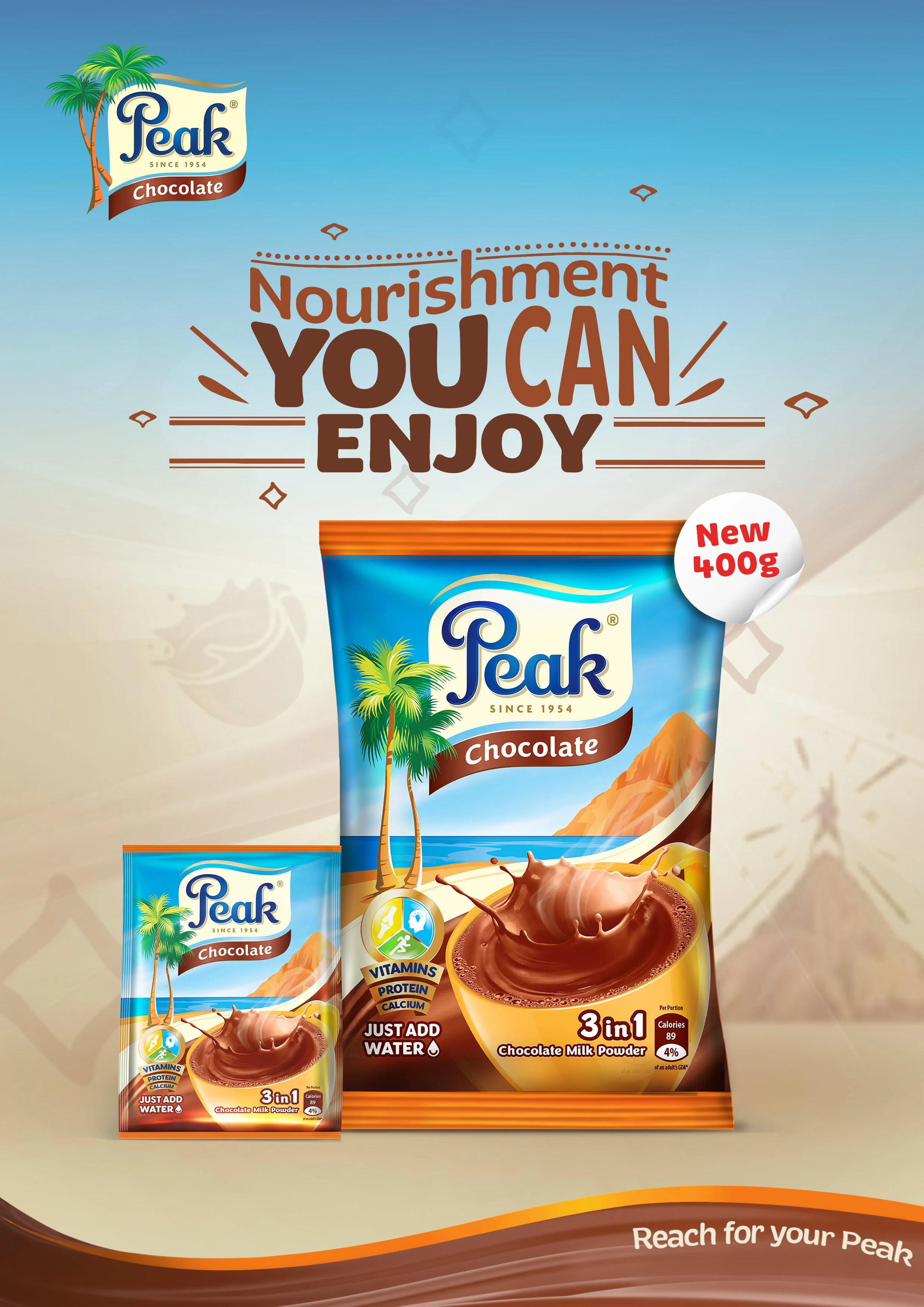 Packaging image of Peak Chocolate Milk Powder, featuring a 3-in-1 chocolate milk drink with ingredients including vitamins, protein, calcium, and instructions to add water. The packaging displays tropical palm trees and a mountainous background, with