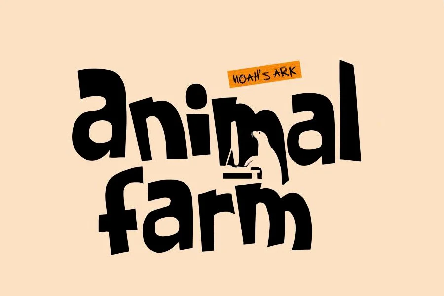 Stylized text reading "animal farm" with the phrase "MOAH'S ARK" on an orange banner above.