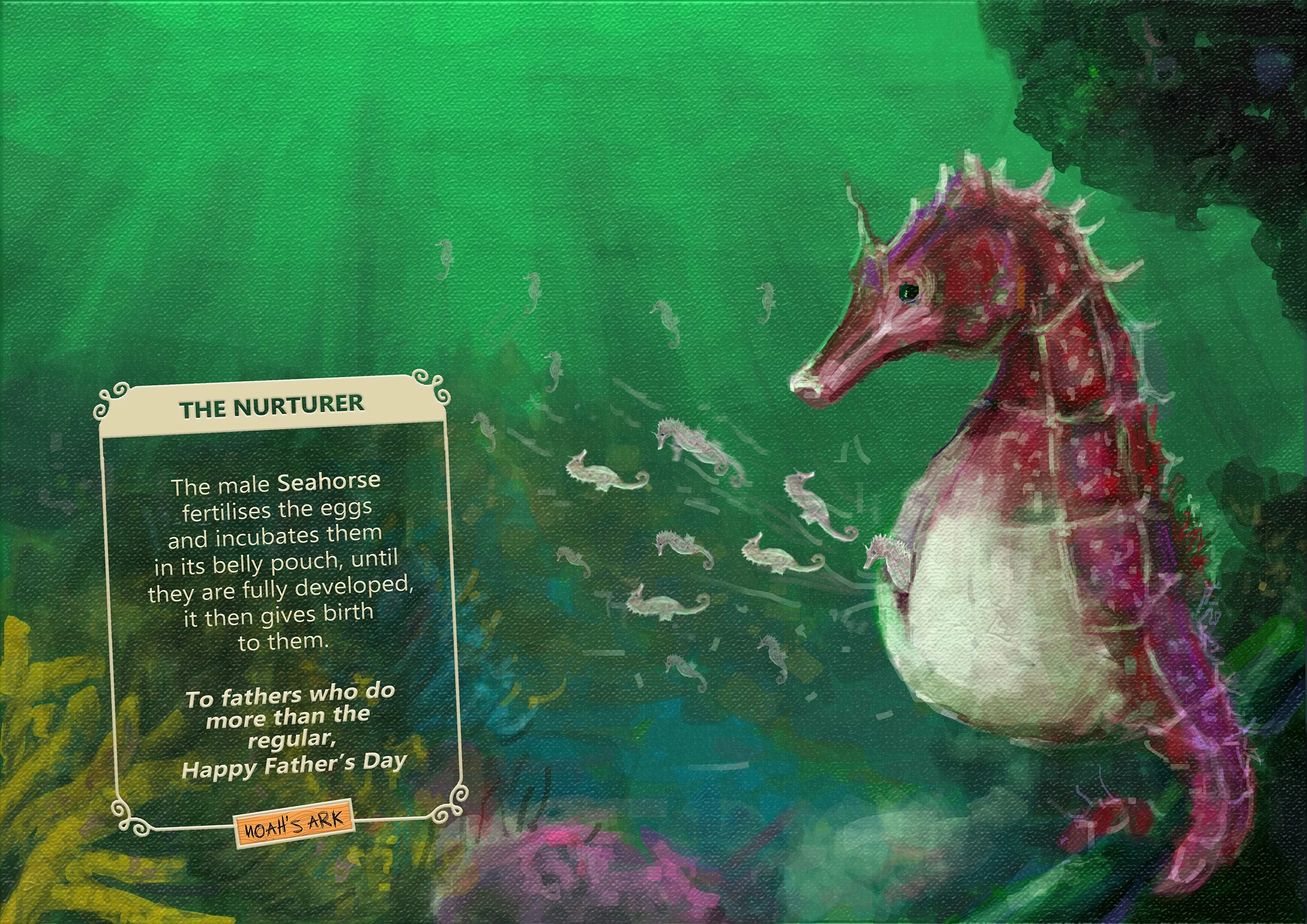 An illustrated scene from Noah's Ark focusing on the story of the nurturer. It shows a colorful depiction of a seahorse with small seahorses around it, set against a vibrant green background. The scene is part of an educational display about the nurturing process of seahorses.