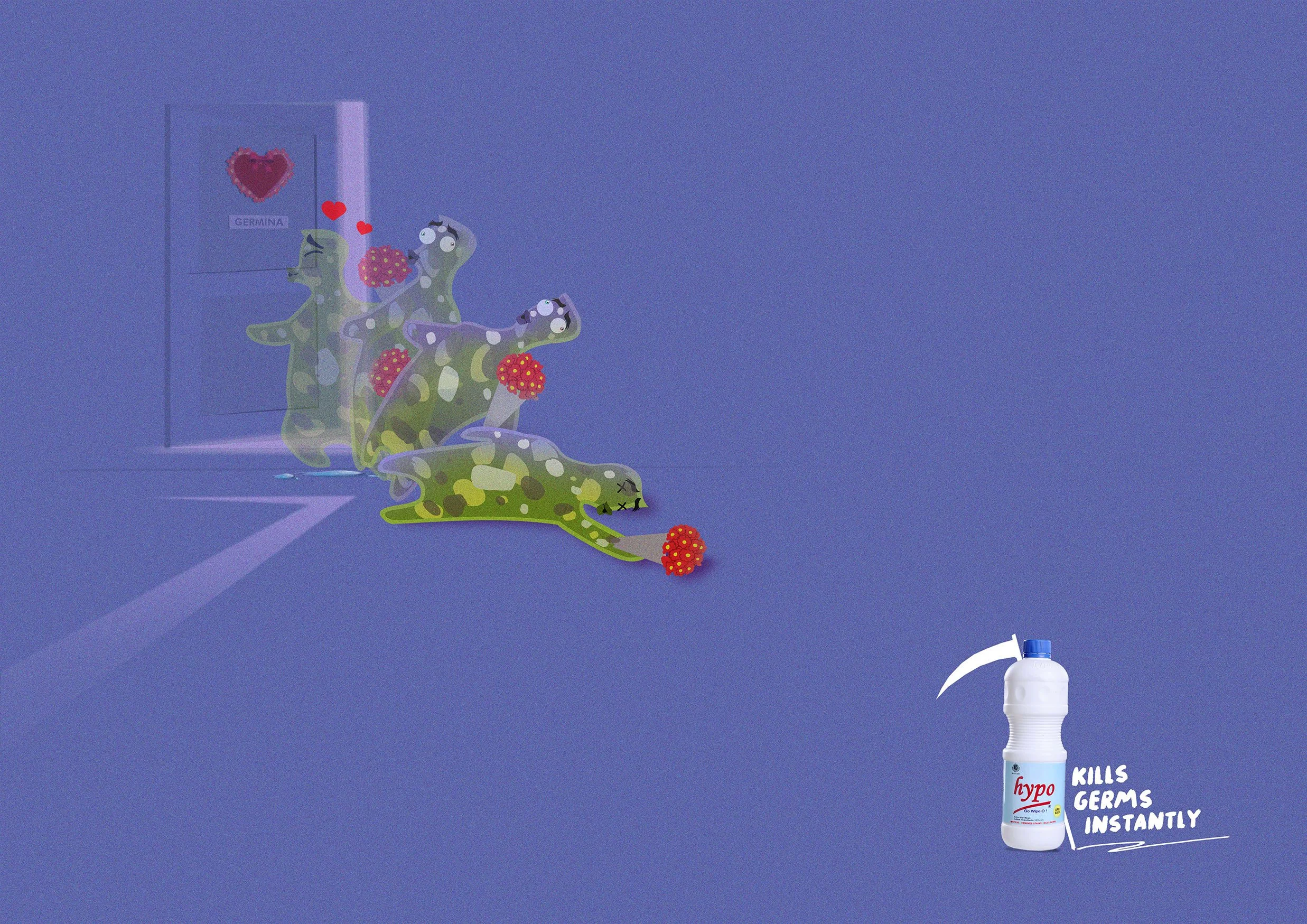 Illustration of cartoon dinosaurs, with one holding flowers, inside a display case labeled 'Germina,' and a bottle of disinfectant labeled 'hypo kills germs instantly' on the floor.