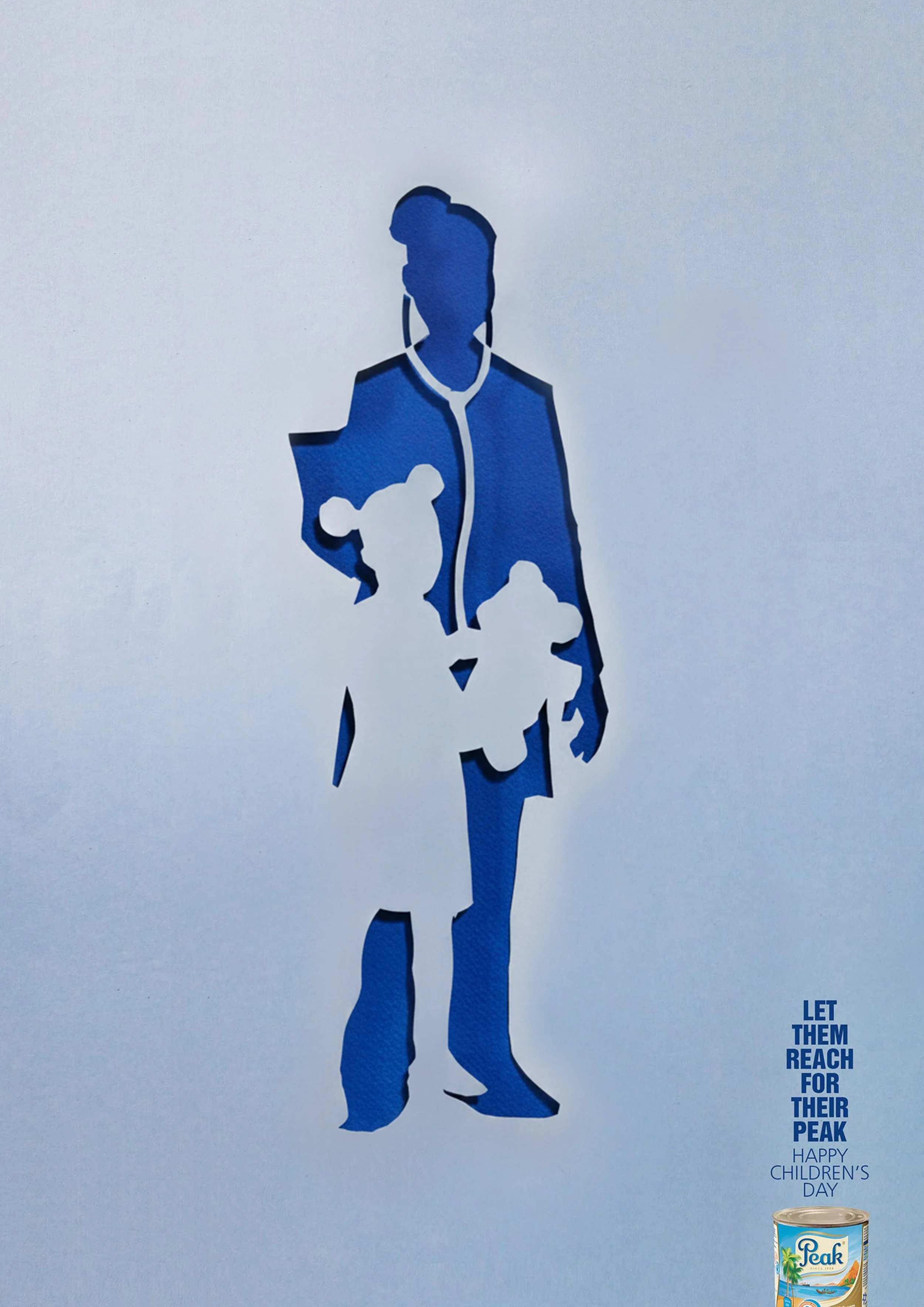 Silhouette of a person in a suit walking upwards, with a small can of Peak fish on the bottom right and text that reads, 'Let them reach for their peak. Happy Children's Day.'