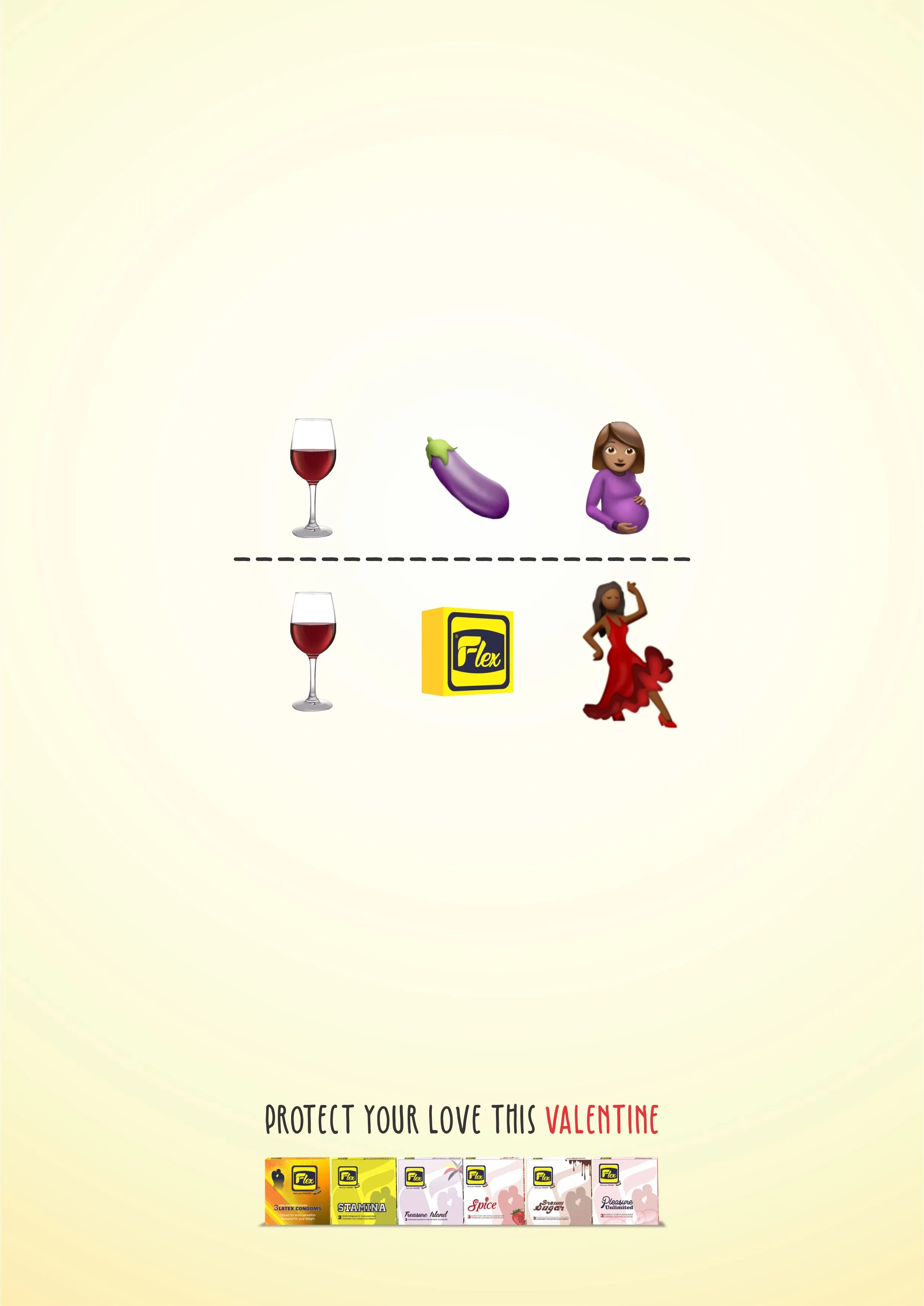 Valentine-themed advertisement promoting Flex condoms, featuring a glass of red wine, an eggplant emoji, an animated pregnant woman, a dancer, and a row of condom boxes with various flavors and types.