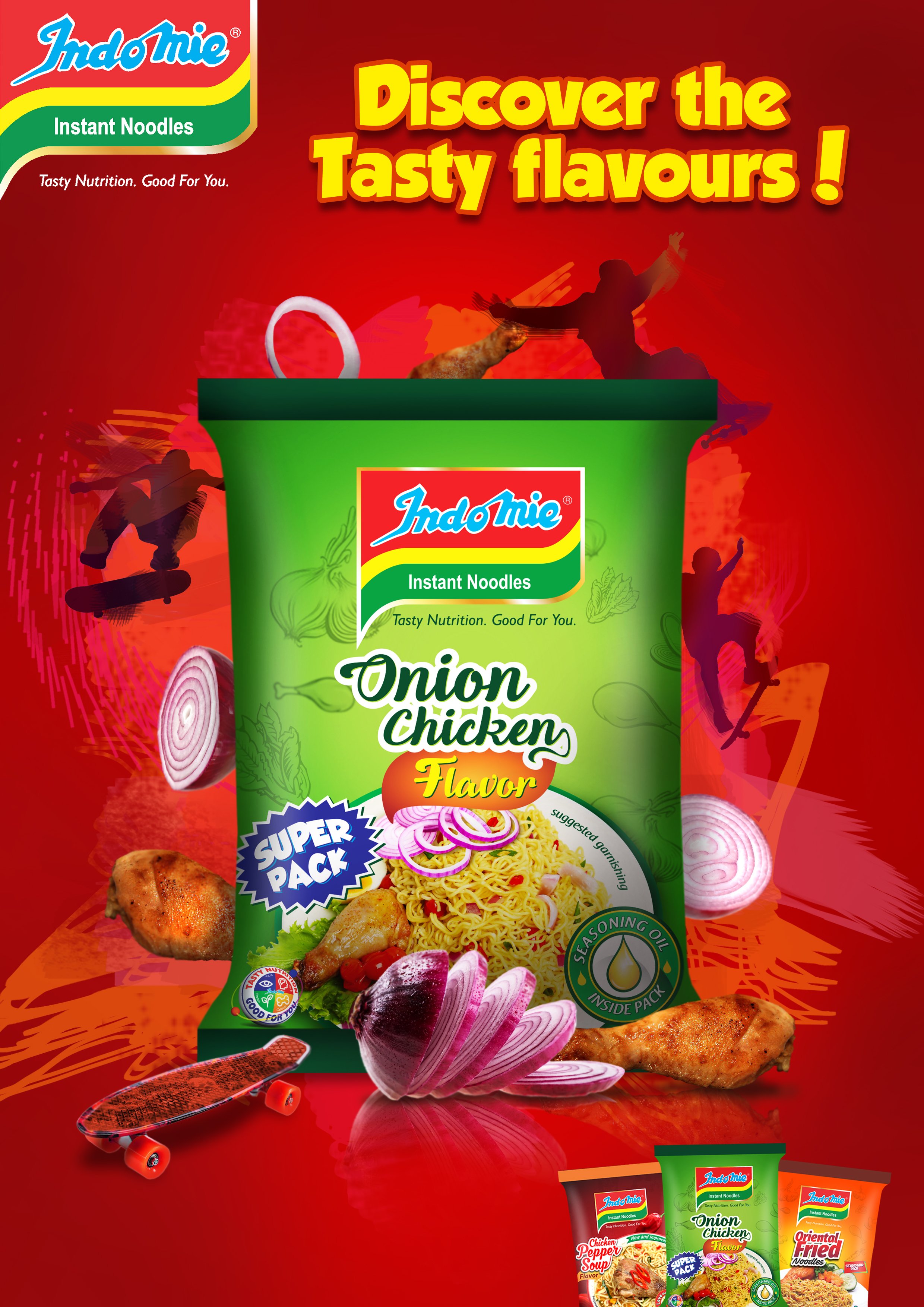 Package of Indomie onion chicken flavored instant noodles with a bowl of cooked noodles garnished with onions, chicken, and vegetables, set against a red background with skateboard, onions, and chicken pieces.