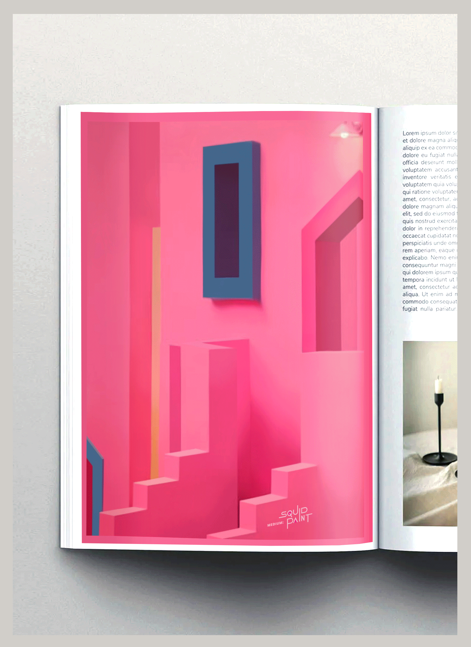 An open magazine lying flat shows a colorful abstract art piece with pink background and various geometric shapes in blue, purple, yellow, and red. Part of a candle on a black stand is visible outside the magazine on the right. Squid Game.