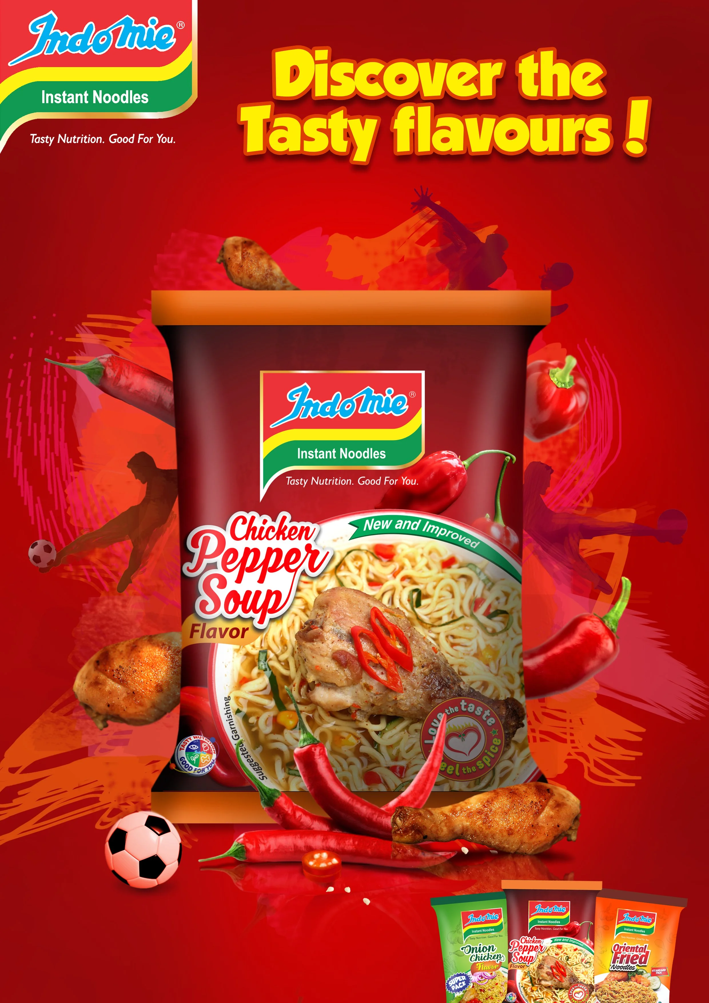 Packaging for Indomie instant noodles chicken pepper flavor featuring a bowl of noodles with a chicken drumstick and red chili peppers, set against a red background with floating chili peppers, a soccer ball, and abstract figures.