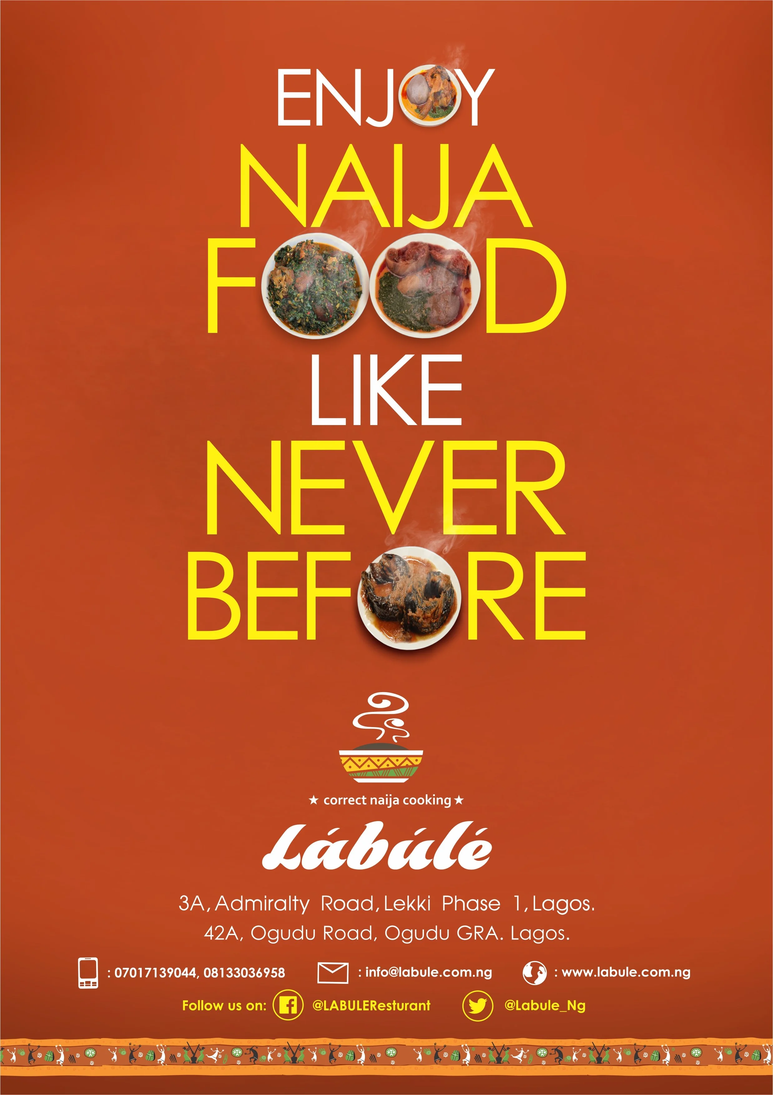 Promotional poster with a red background promoting Nigerian food; includes images of various Nigerian dishes, a steaming bowl illustration, and contact details for a restaurant located in Lagos.