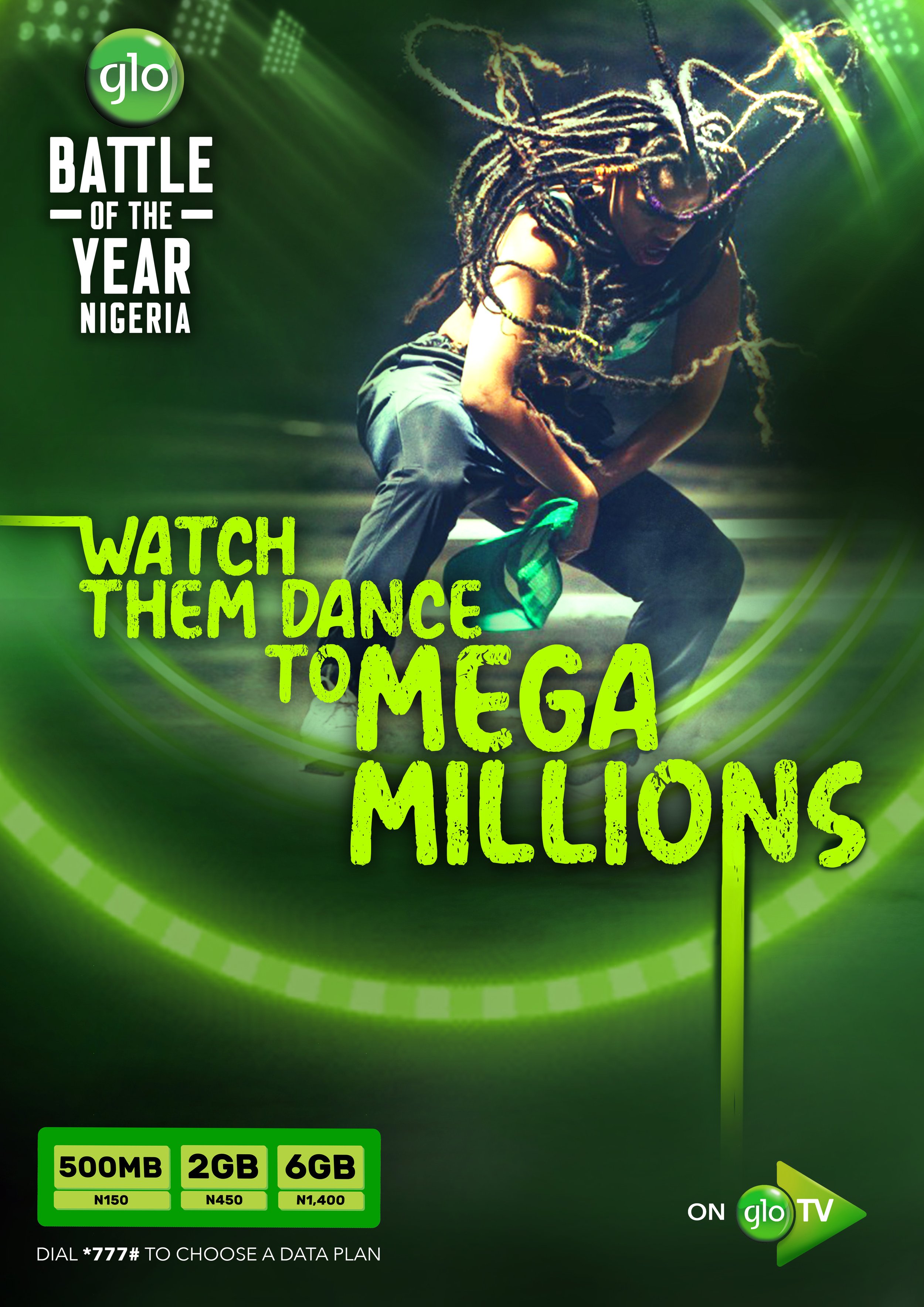 Promotional poster for Glo Nigeria's data plans featuring a person with dreadlocks dancing on a stage with green and black graphics. The poster advertises data plans of 500MB, 2GB, and 6GB for N150, N450, and N1,400 respectively, with instructions to dial *777# to choose a plan.