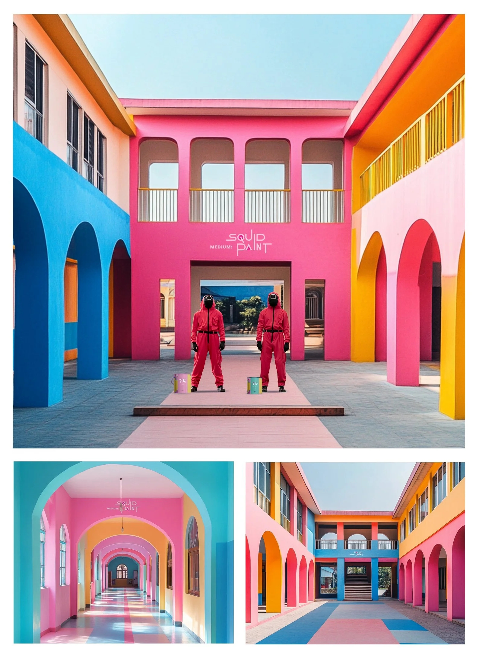 Colorful building with pink, blue, yellow, and orange arches and walls. Two people in pink suits with black helmets and gloves stand at the entrance, facing away. The interior shows a corridor with arched ceilings in matching colors and vibrant light reflections.