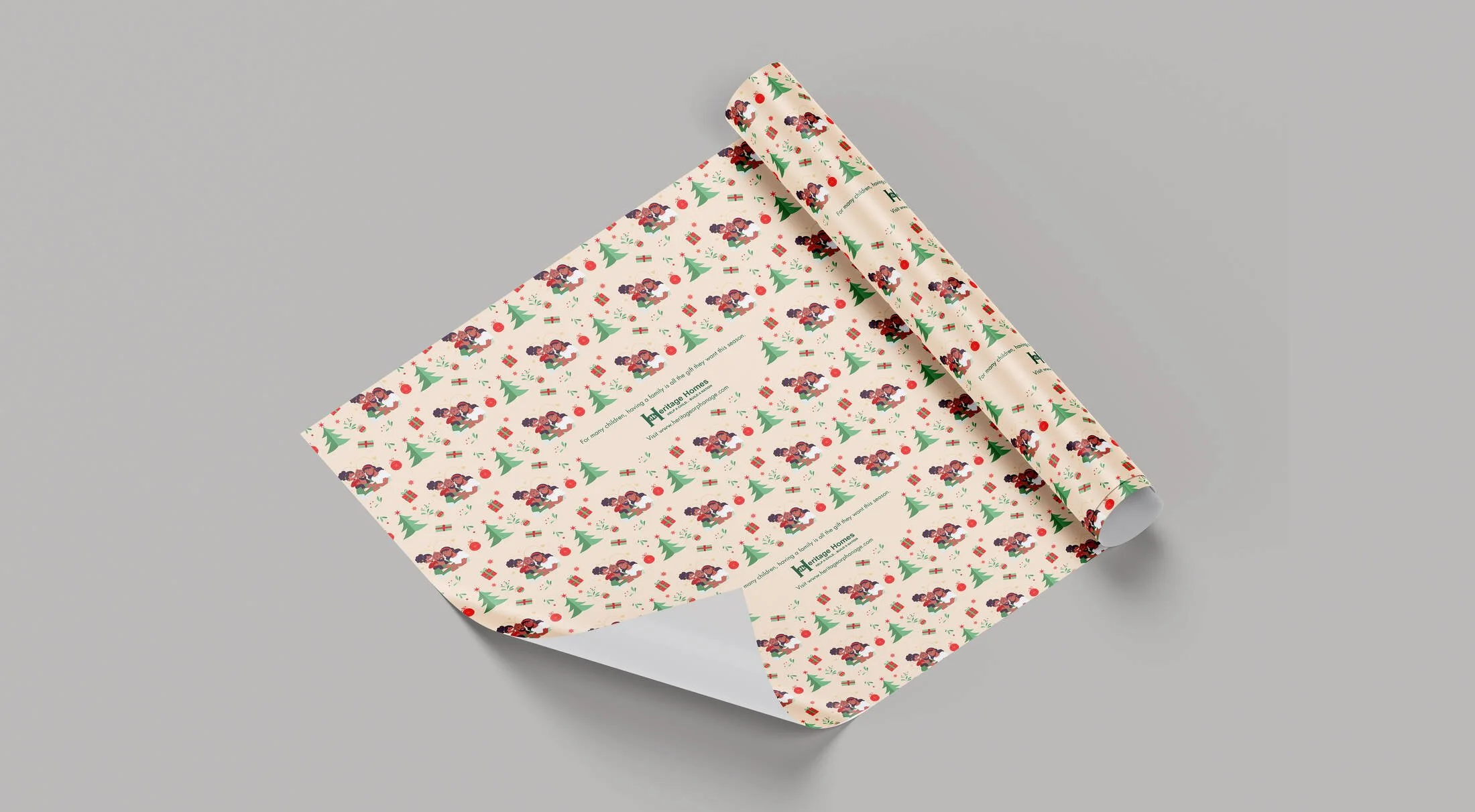 Unwrapped holiday gift wrap featuring Christmas trees, presents, ornaments, and Santa Claus characters on a cream background.
