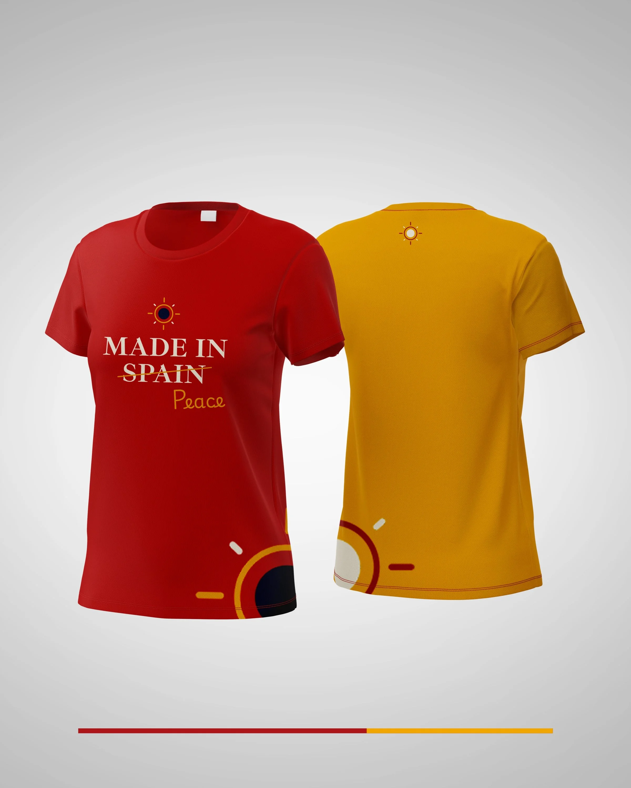 Two T-shirts, one red with a yellow and black emblem and the words 'MADE IN SPAIN' and 'Peace,' and one yellow with a small emblem on the shoulder, displayed against a plain background with a horizontal color bar transitioning from red to yellow at the bottom.