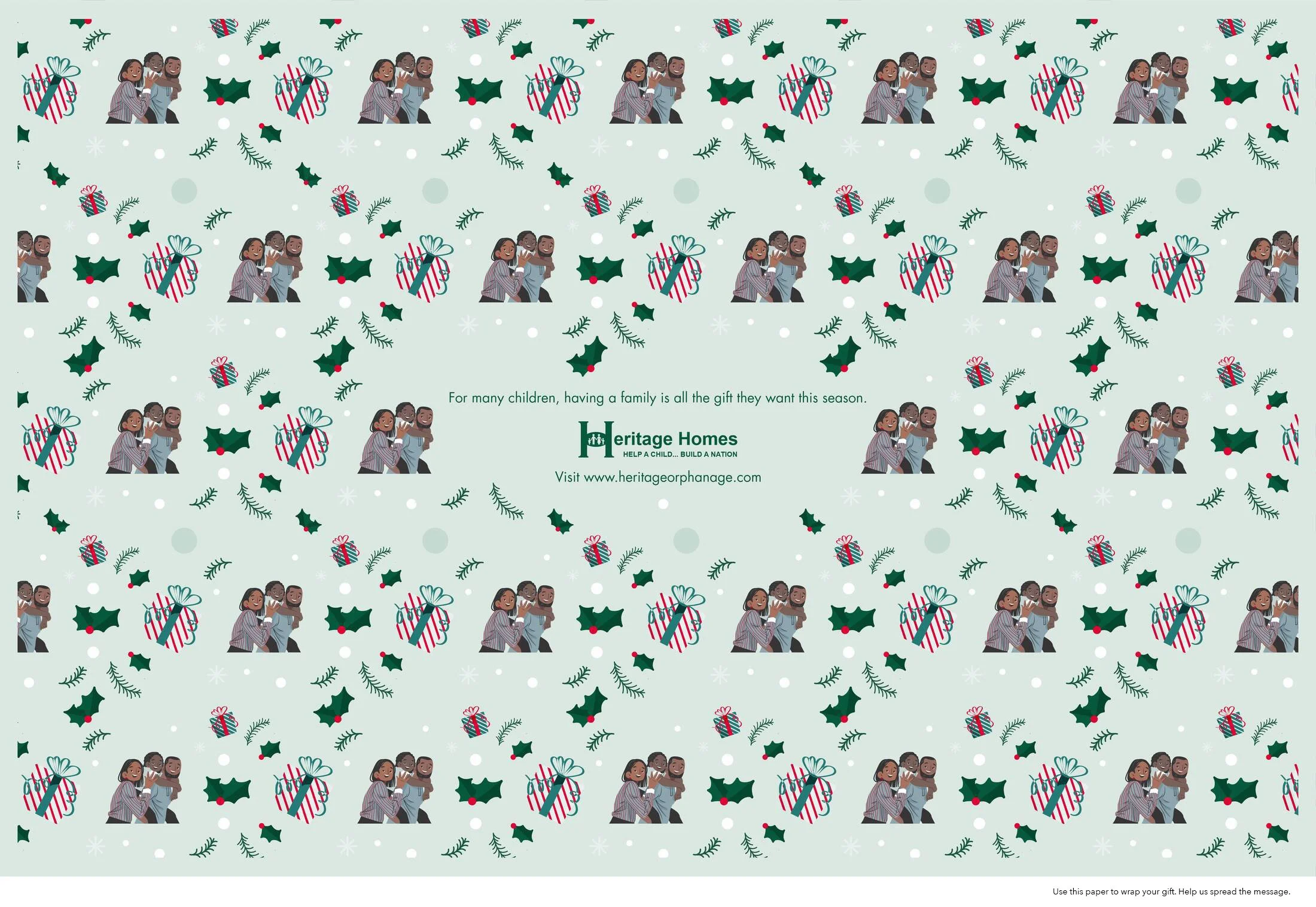 A festive holiday wrapping paper featuring illustrations of diverse children smiling, surrounded by Christmas-themed decorations such as holly, berries, presents, and snowflakes, with a message promoting family and community support.