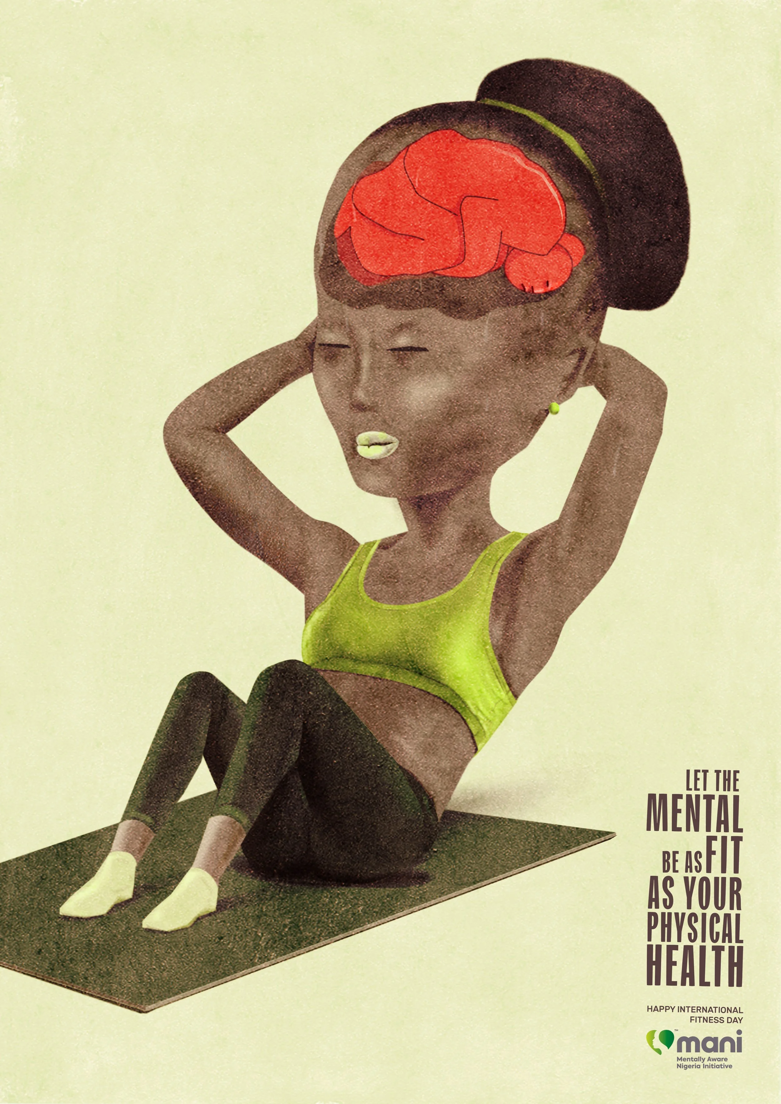 An illustration of a woman doing sit-ups on a mat, with a brain depicted inside her head, highlighting mental health. The text reads "Let the mental fit be as fit as your physical health." The bottom right corner features the Mani logo and the messag