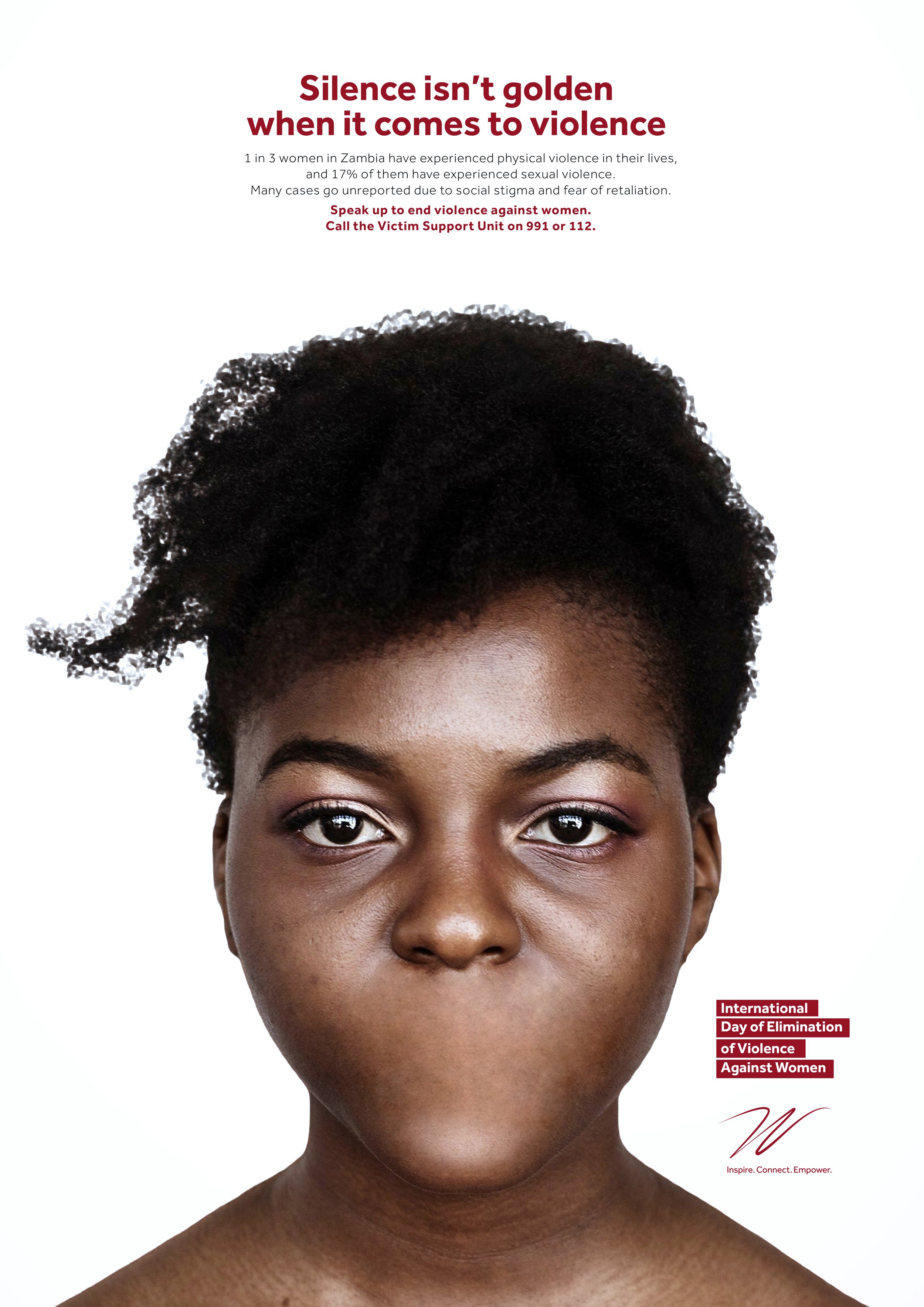 Close-up of a woman with short, natural black hair, dark eyes, and smooth brown skin, looking directly at the camera. Text overlay highlights the observance of the International Day of Elimination of Violence Against Women.