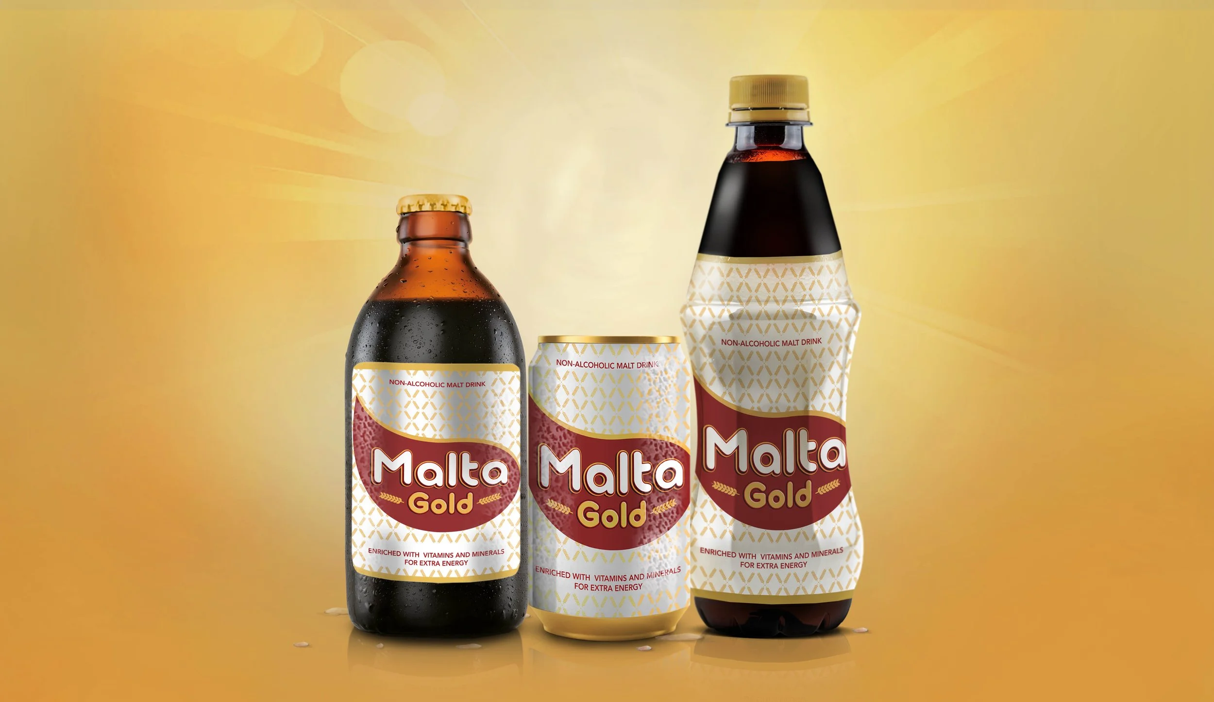Three bottles of Malta Gold non-alcoholic malt drink on a yellow background, with the middle bottle slightly in front of the others.